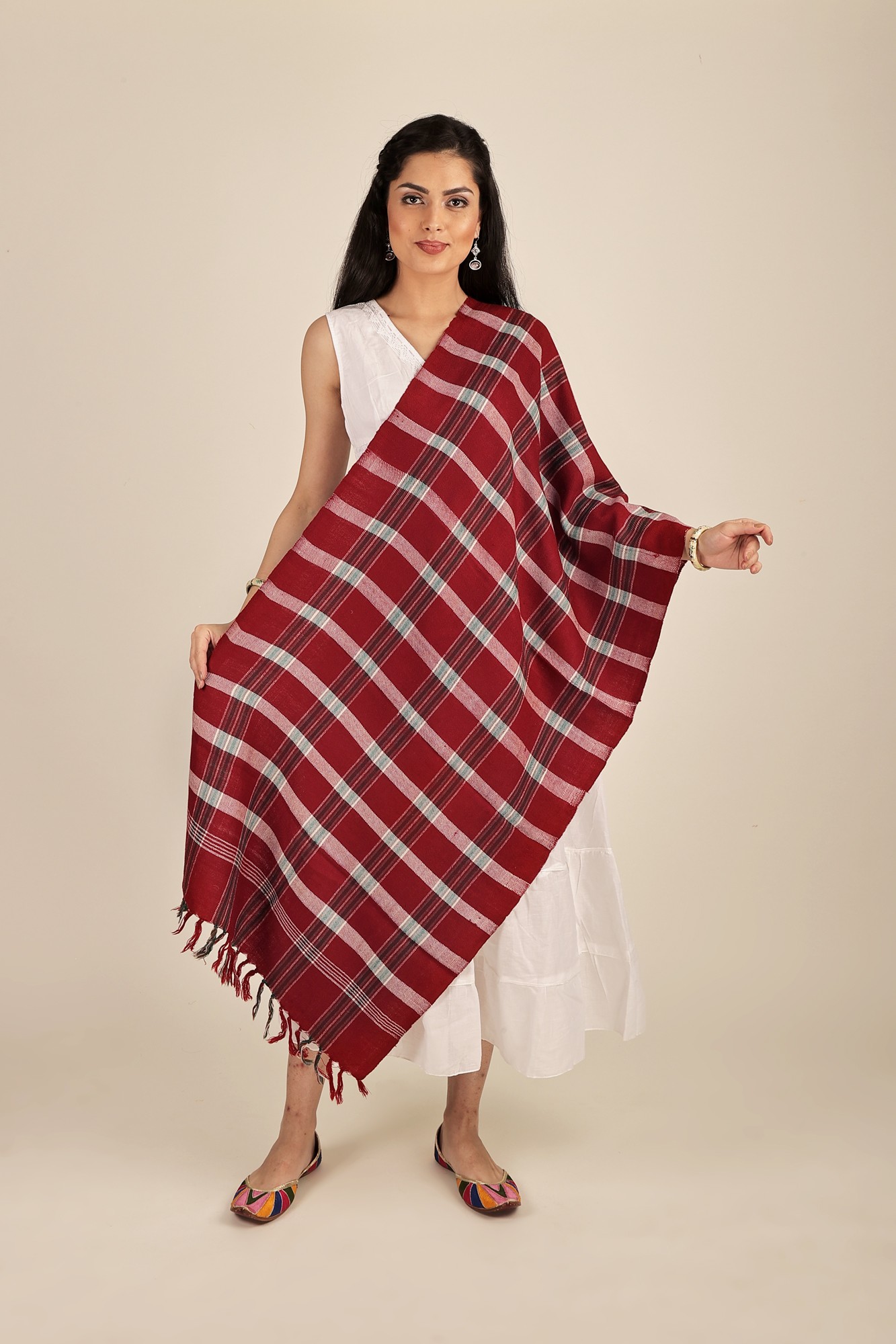 Tango-Red Handwoven Pure Wool Stole With Check Pattern From Uttarakhand ...
