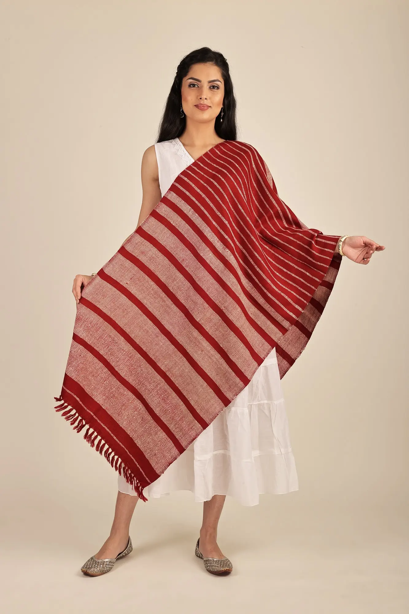 Handwoven Pure Wool Stole From Uttarakhand with Woven Stripes (Trishulii - A Community-Owned Producer Company)
