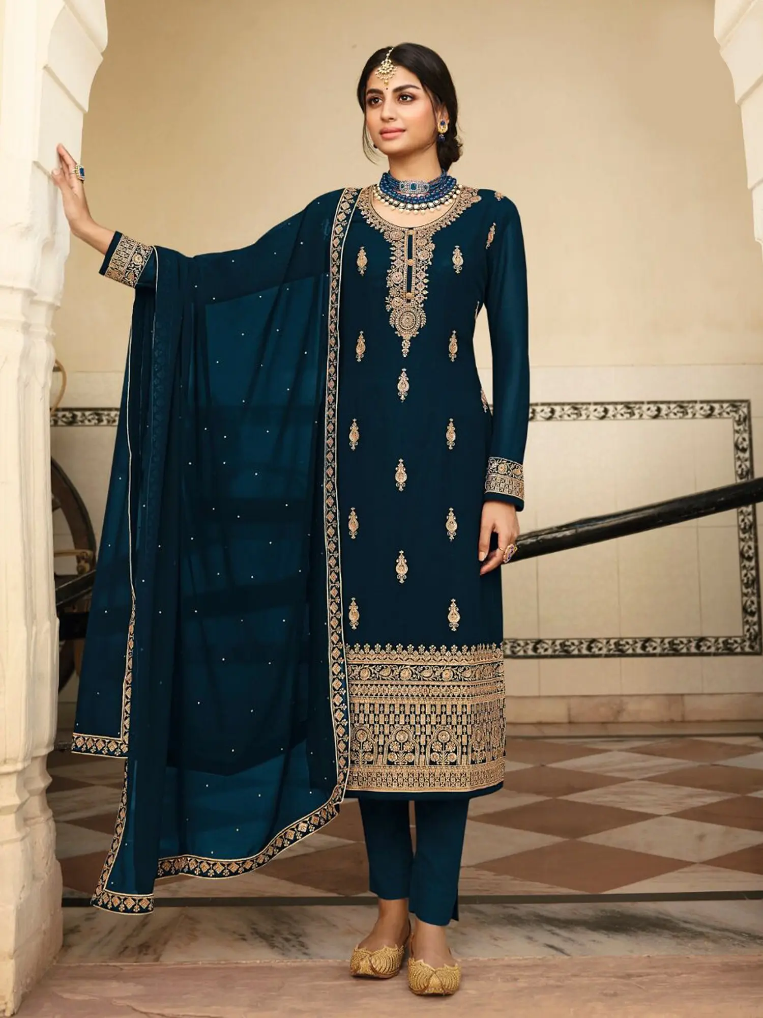 Long Trouser Salwar-Kameez Suit with Heavy Embroidery