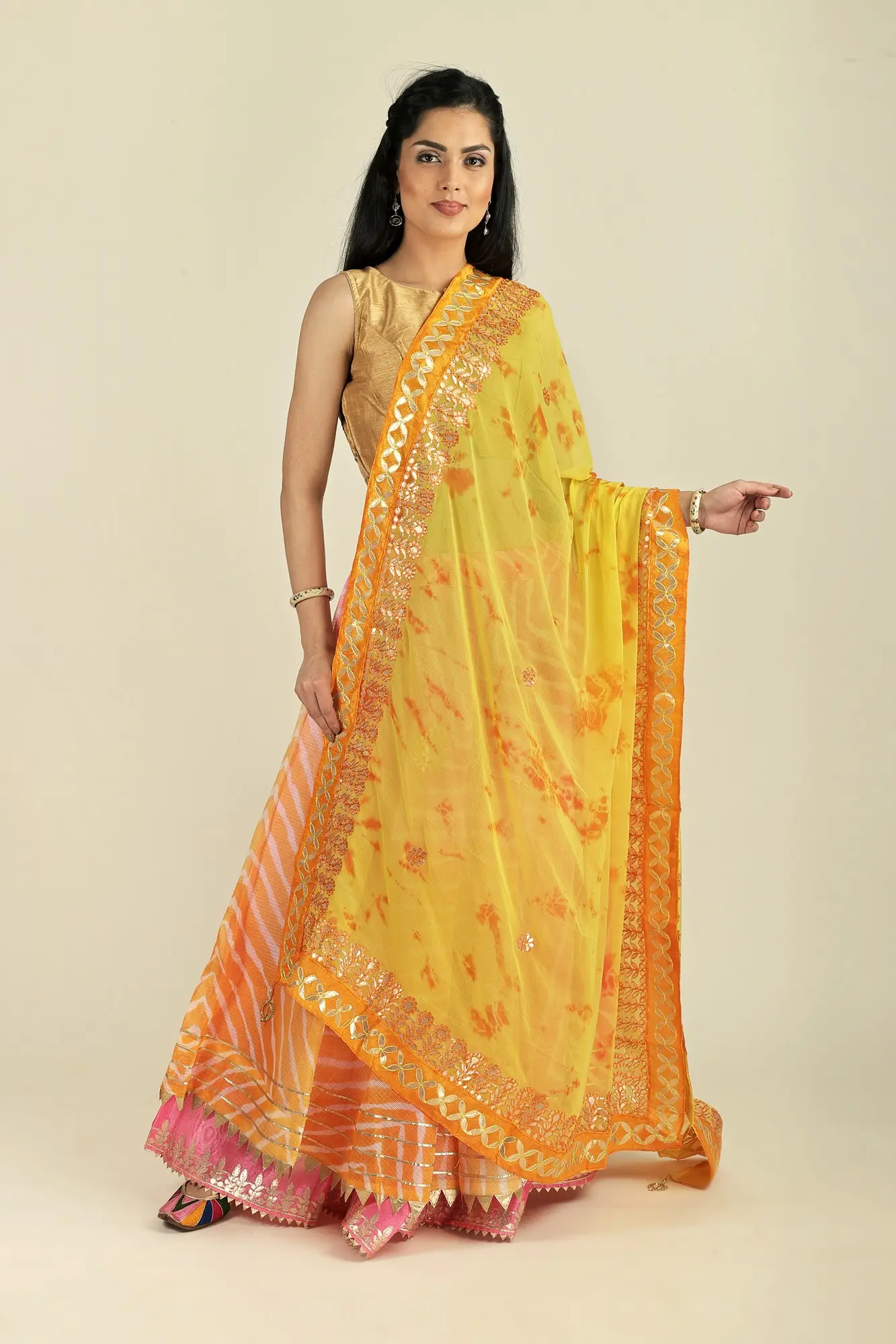 Tie & Dye Pattern Digital Print Bemberg Chiffon Extra-Wide Dupatta With Tassels