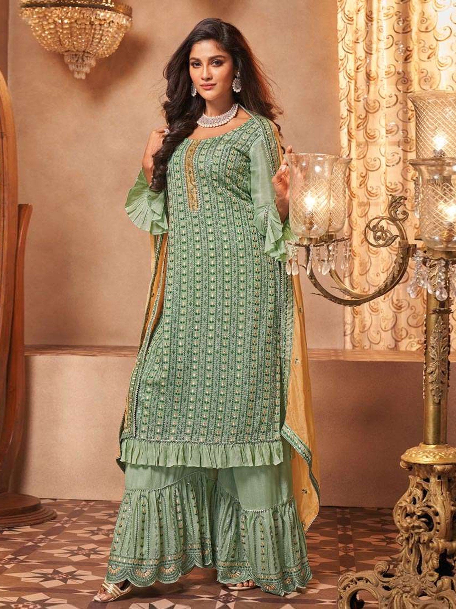 Pale blue georgette readymade suit with fullstone embroidered top sharara  pants  plain dupatta