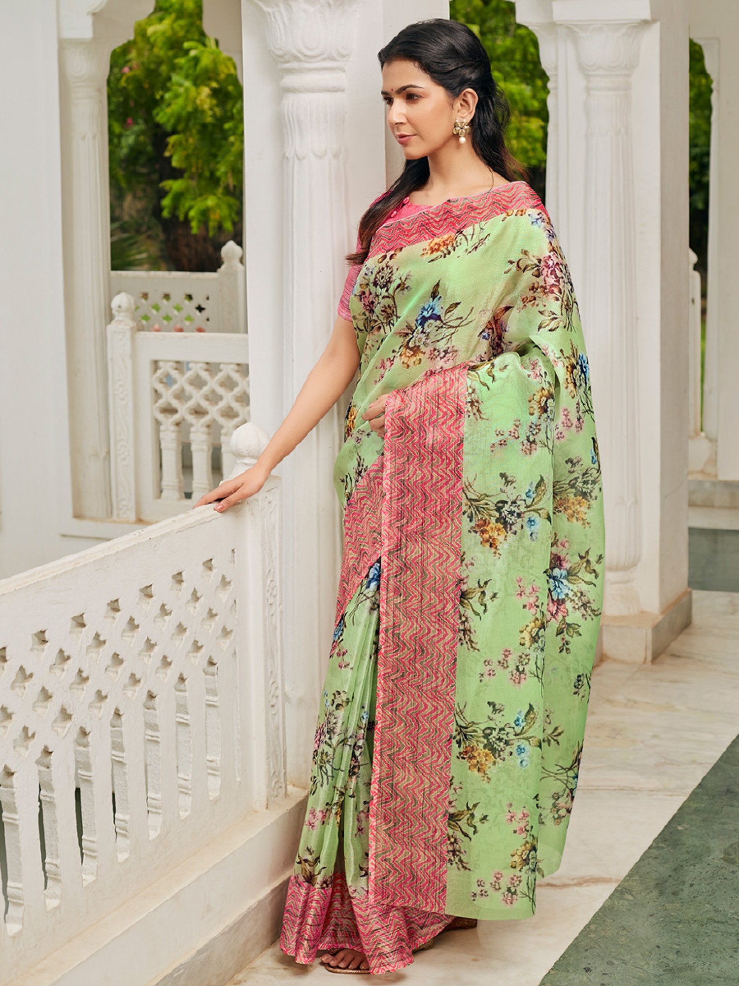 Moonstone Blue Saree in Organza Floral Printed with Sequins