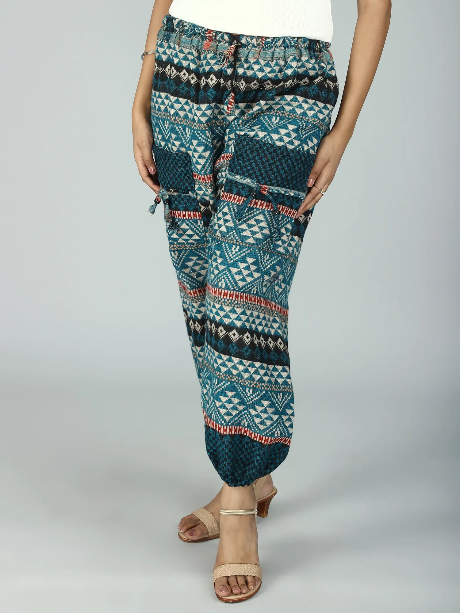 Wool Multicolor Abstract Print Pants with Drawstring