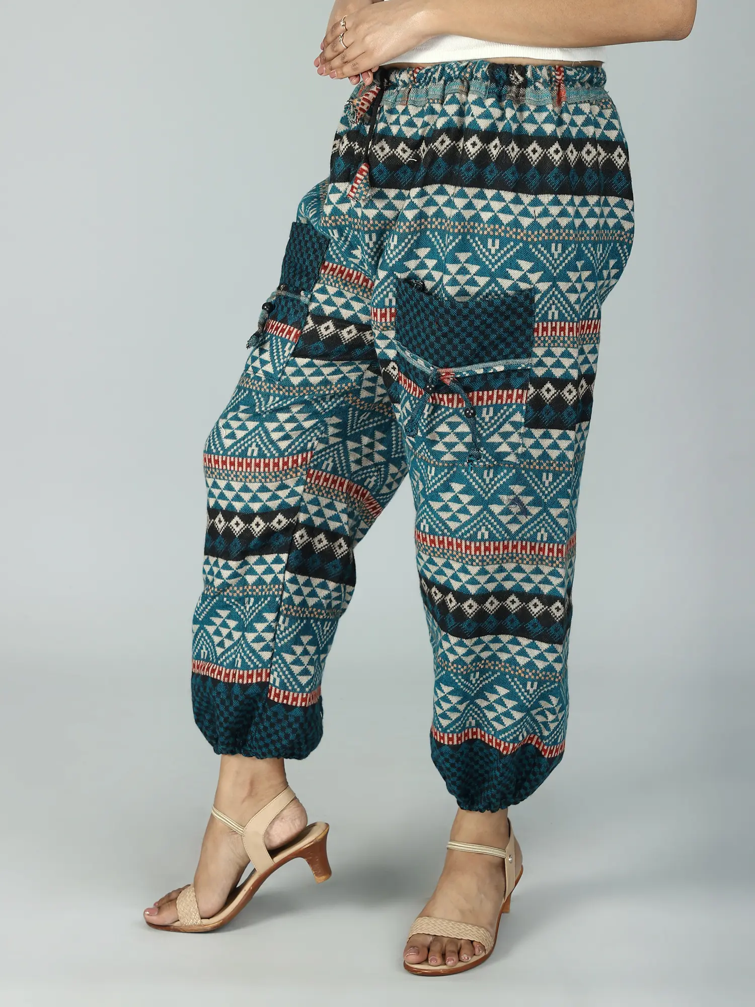 Wool Multicolor Abstract Print Pants with Drawstring, alternate view