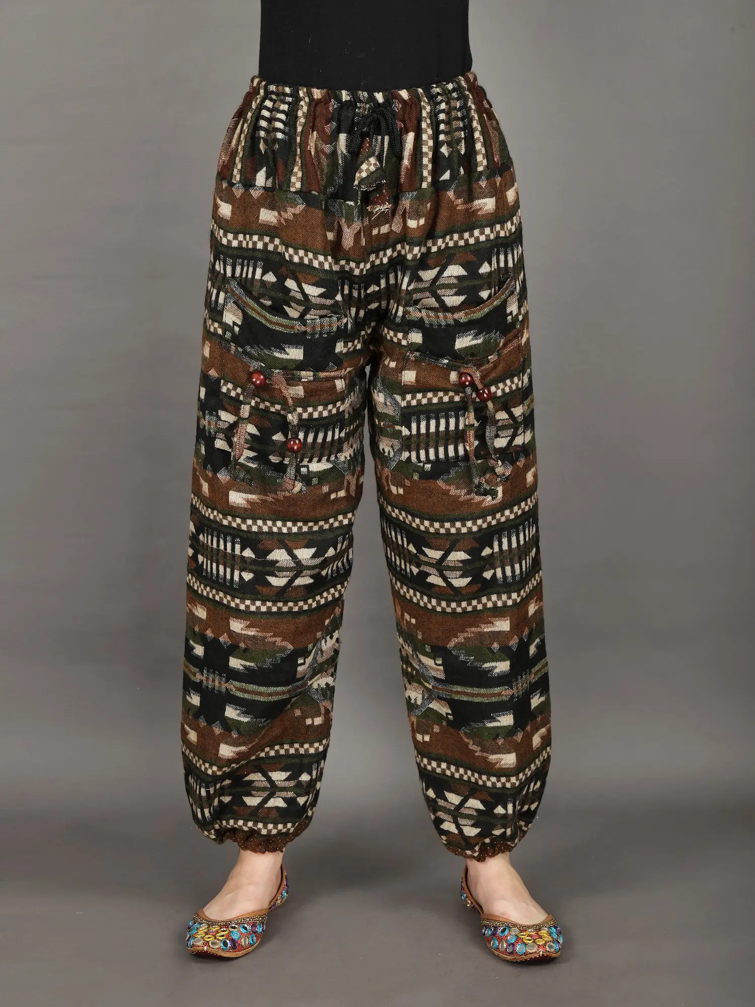 Wool Multicolor Abstract Print Pants with Drawstring