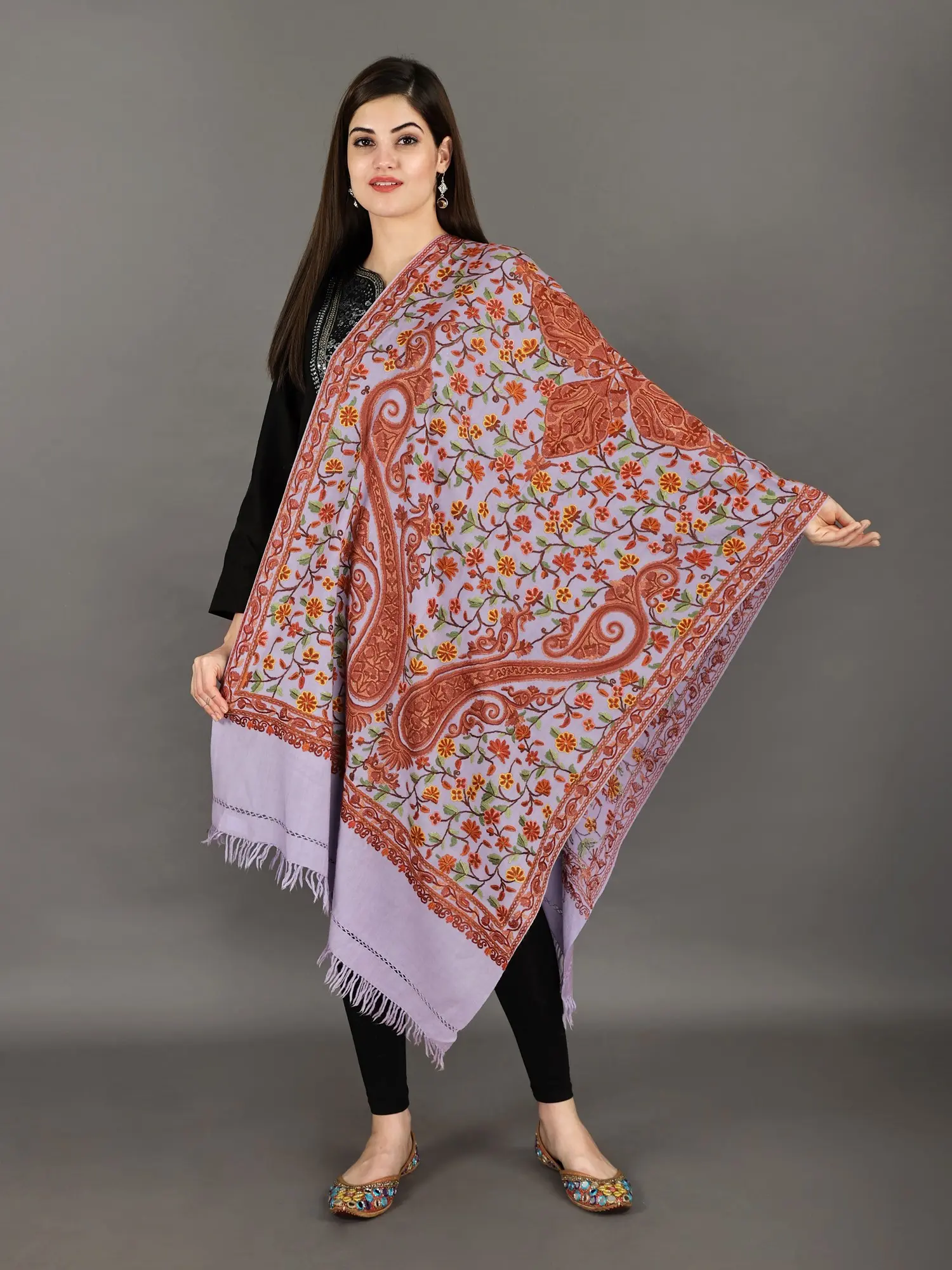 Violet-Tulle Pure Wool Stole from Kashmir with Aari Hand-Embroidered Flowers All-Over