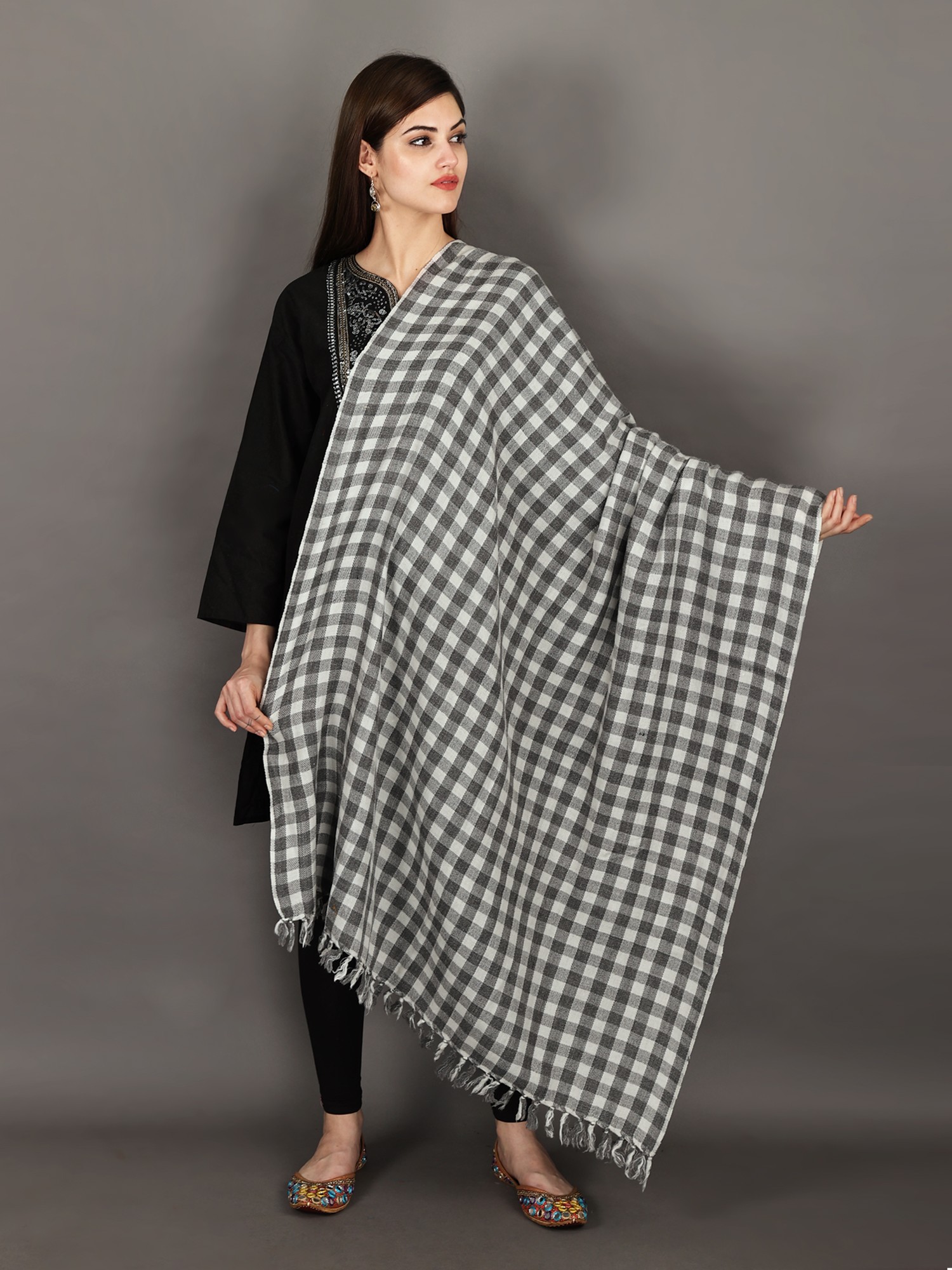 Black and White Check Pattern Handwoven Pure Wool Shawl From ...