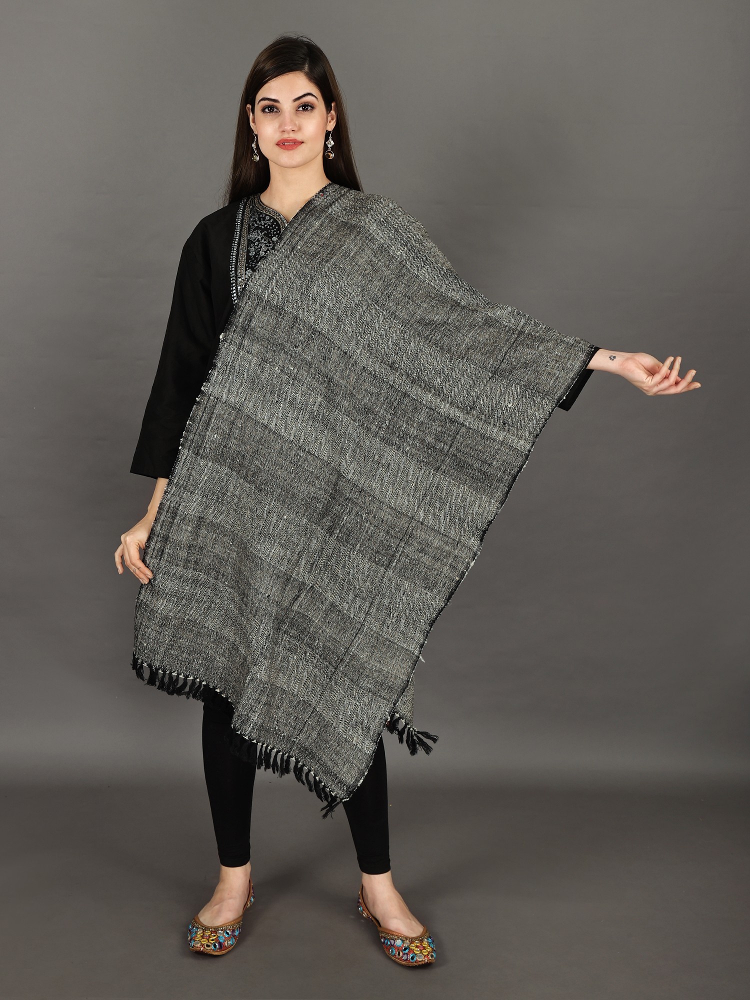 Black and Beige Handwoven Pure Wool Stole With Check Pattern From ...