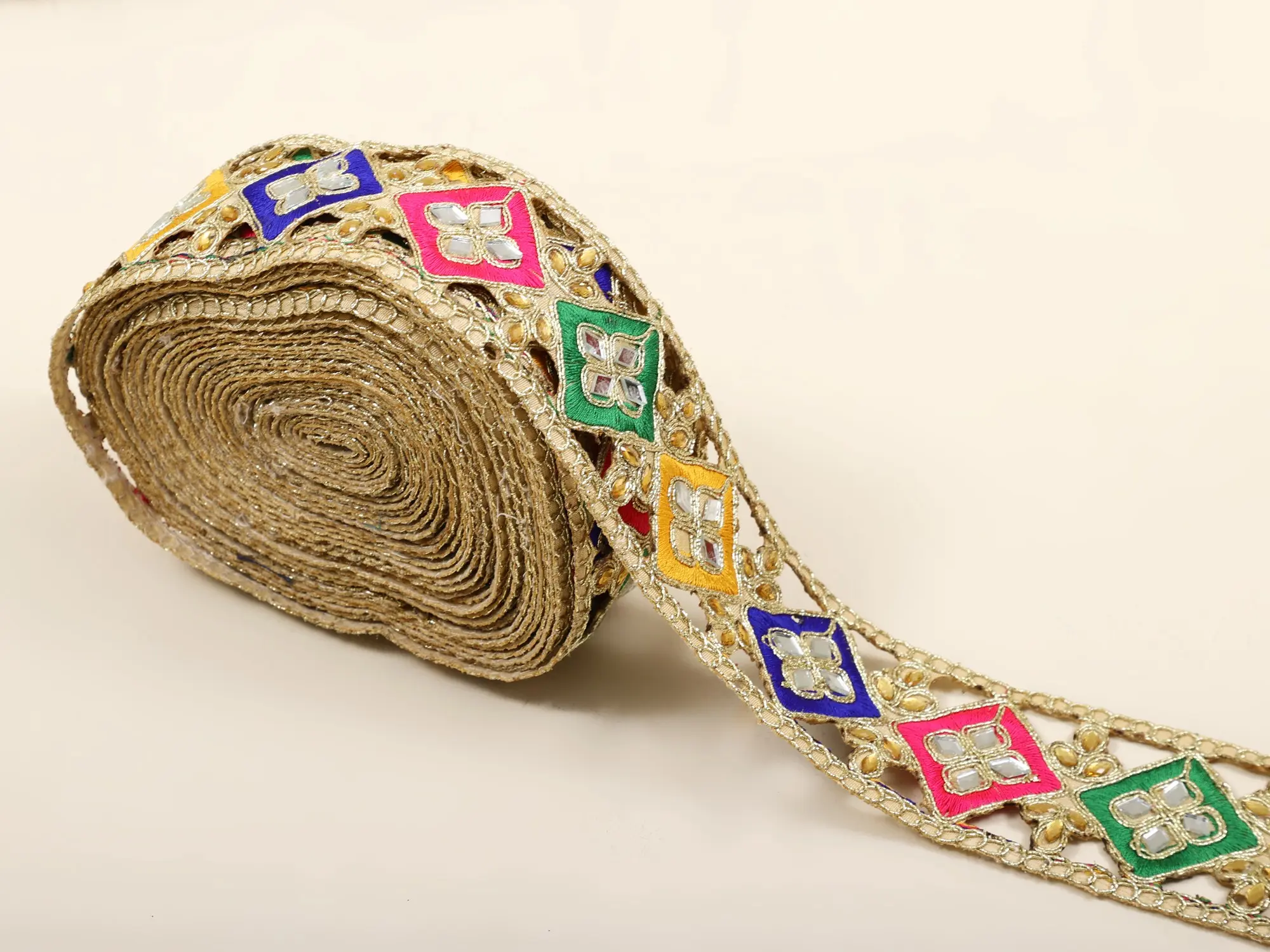 Multicolor Thread-Embroidered Fabric Border with Mirrors and Stones