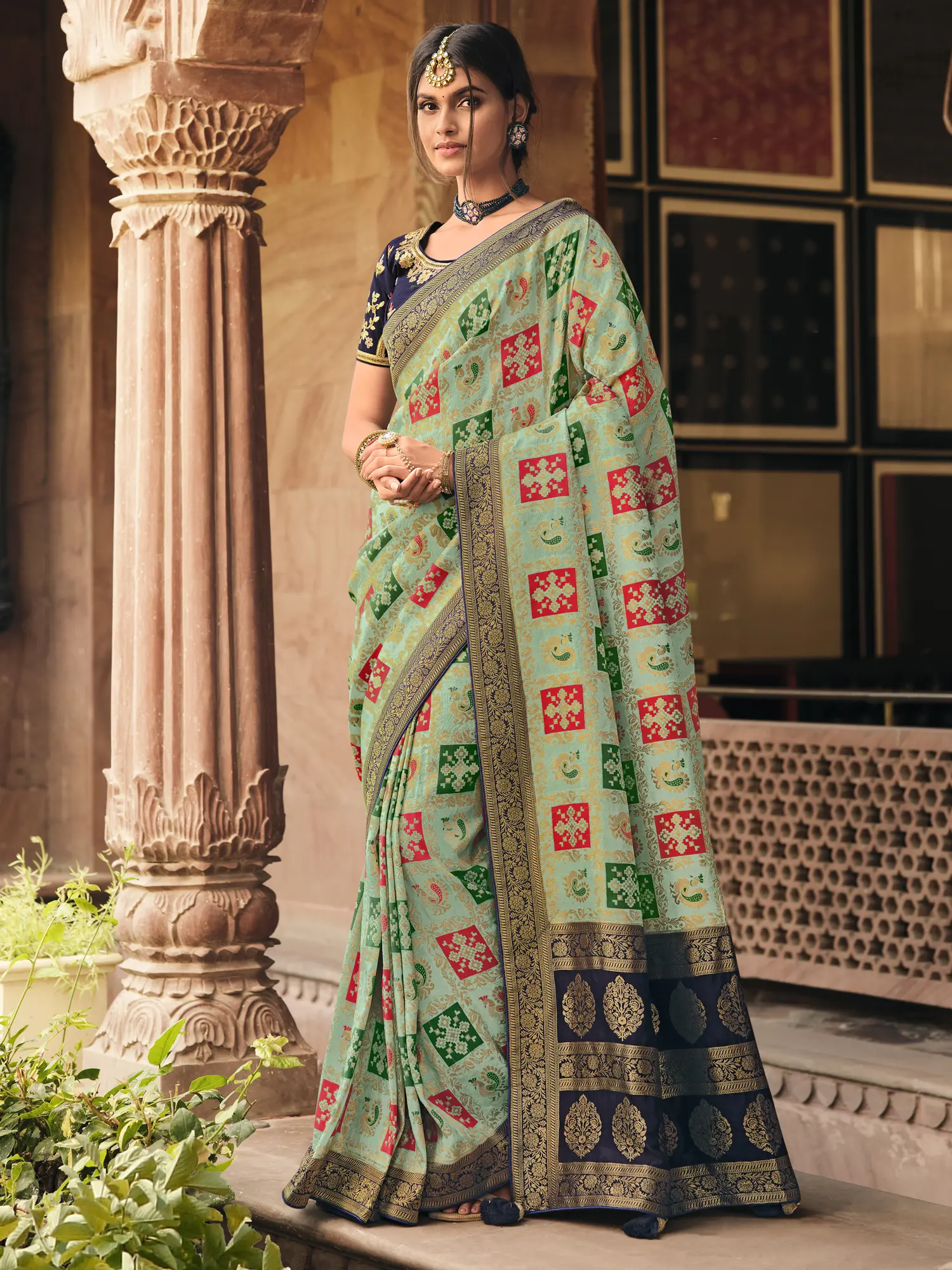 Aqua-Foam Silk Designer Saree With Woven Paisley On Border And Elephant On Aanchal