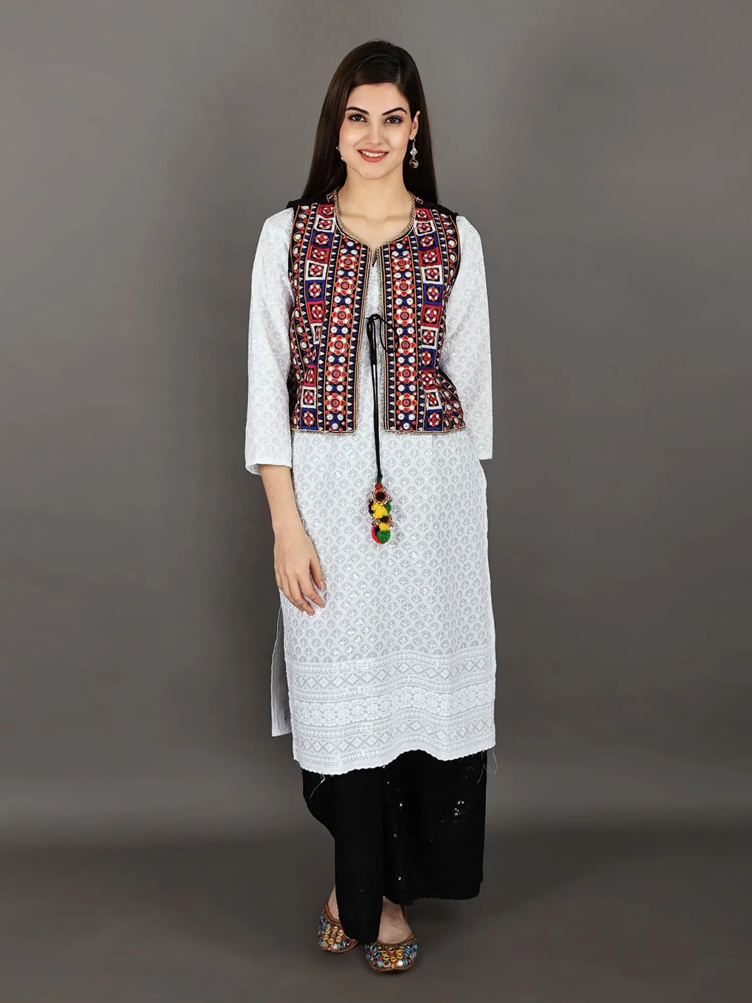Black-Beauty Phulkari Embroidered Short Waistcoat from Punjab with ...