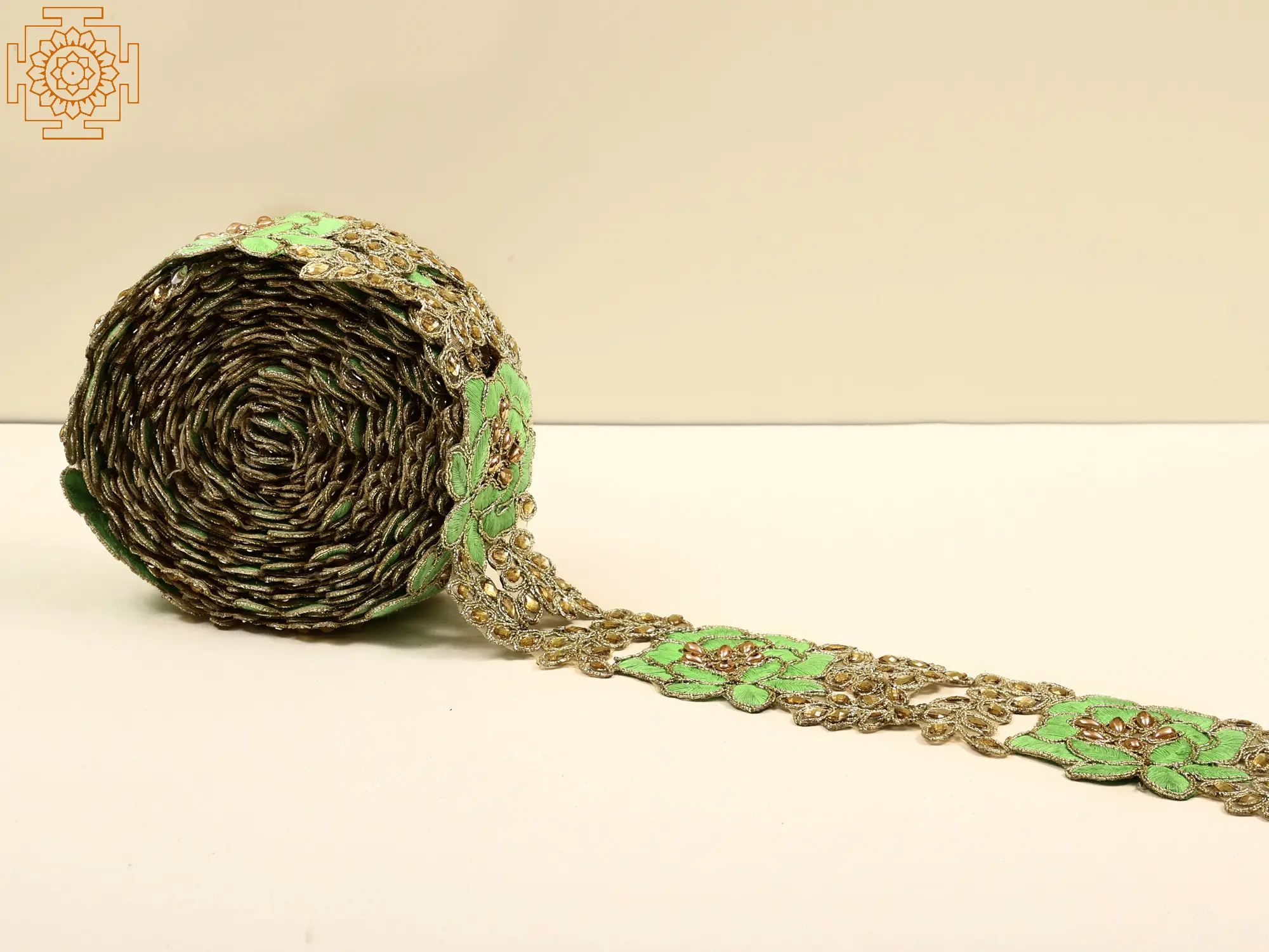 Thread Embroidered Flower Border with Droplet Bead and Stone
