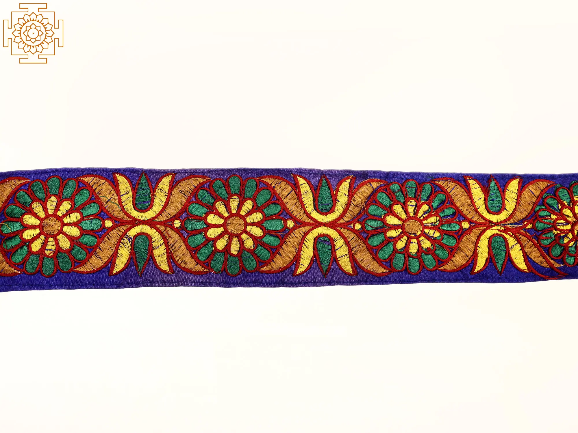 Bluing Fabric Border with Floral Thread Embroidery