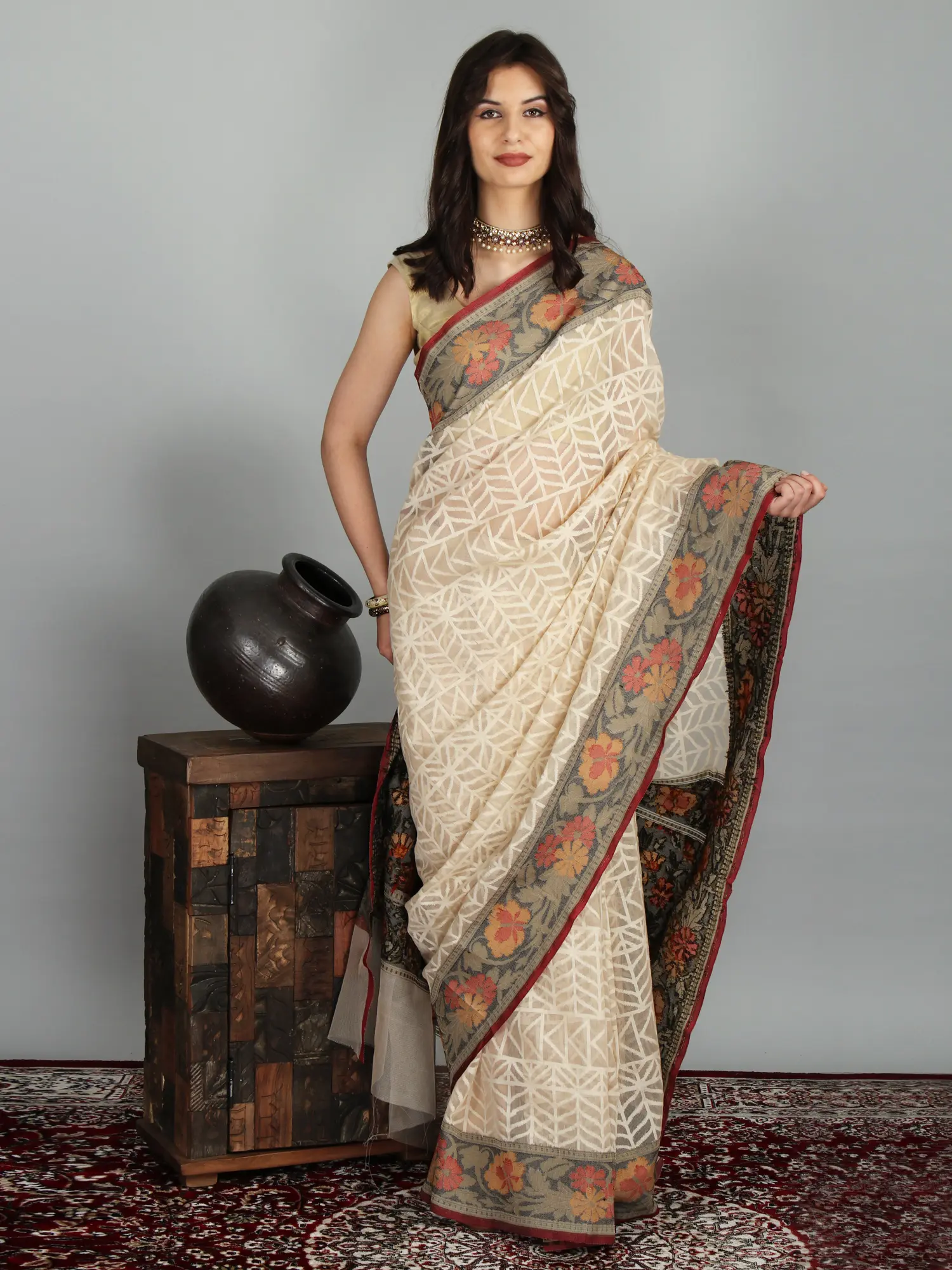 Banarasi Silk Kora Net Saree with Floral Hand-Woven Pattern Border and Pallu