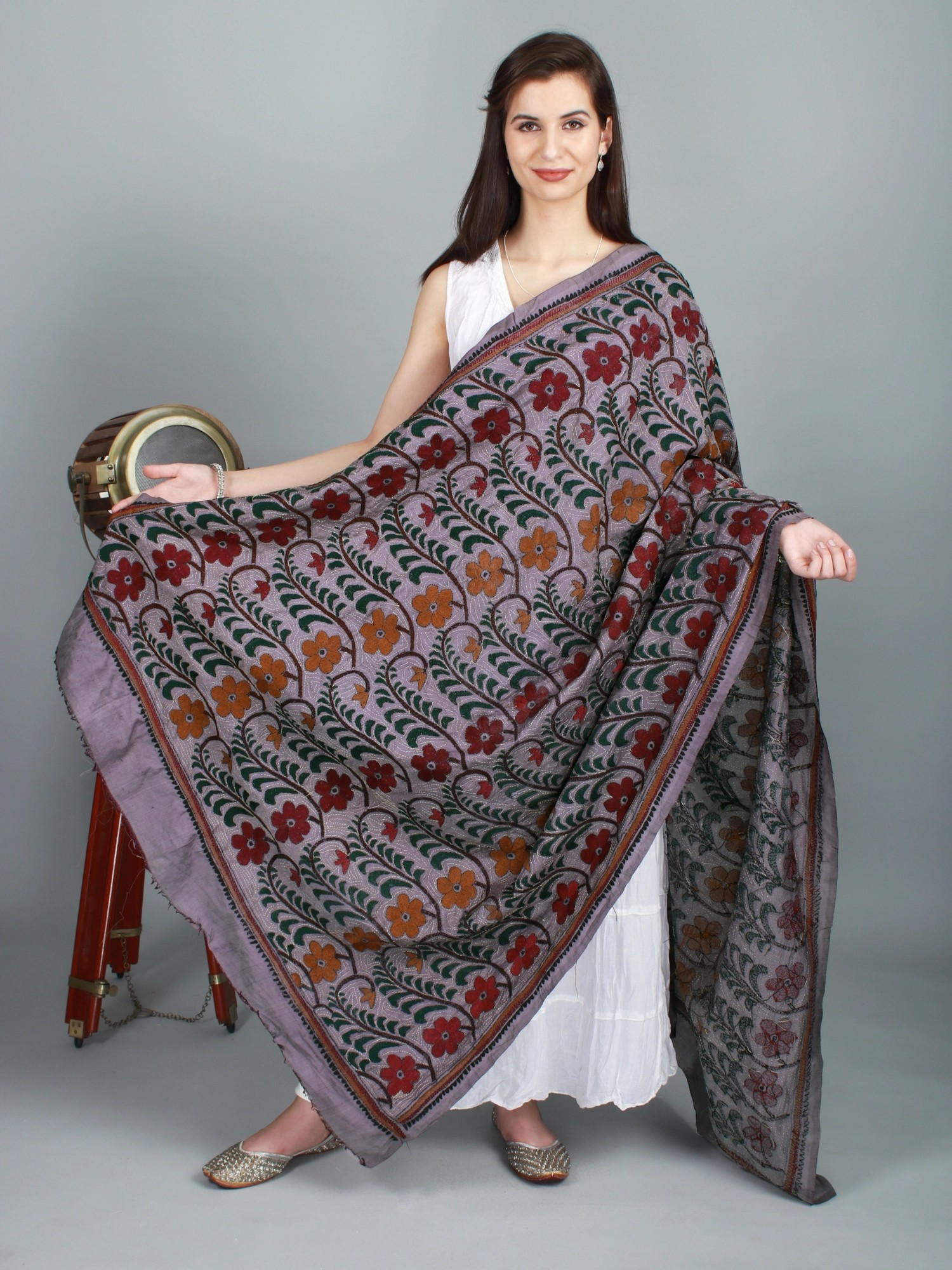 Lavender-Gray Flower and Leaf Embroidered Kantha Dupatta | Exotic India Art