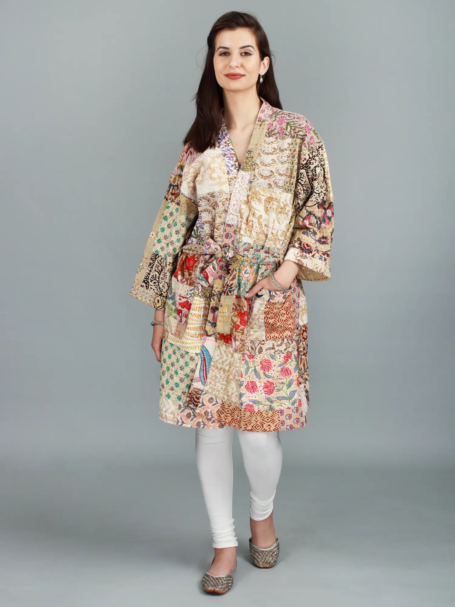 Multicolor Vintage Quilted Cotton Handmade Kantha Kimono Robe
