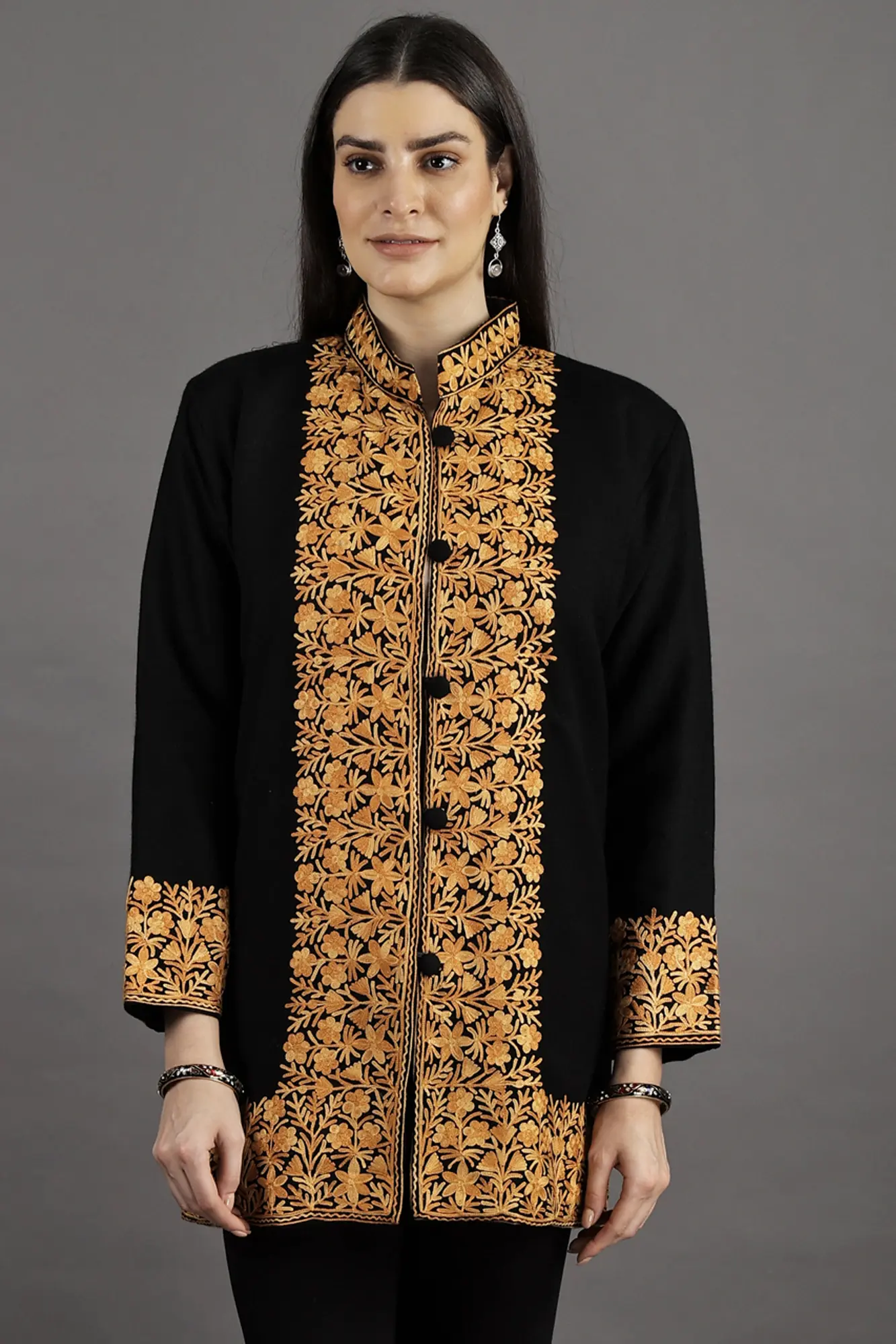 Black-Beauty Short Jacket from Kashmir with Aari Embroidered Flowers