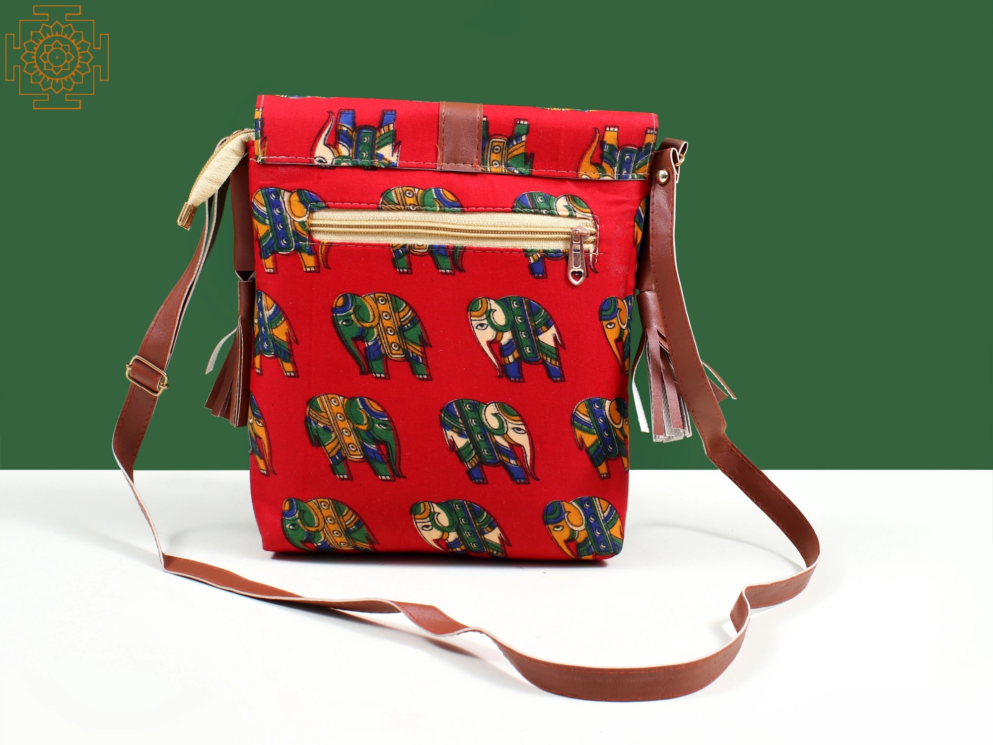 Fabric Bag from Surajkund with Vibrant Elephant Print & Leather-Stud ...