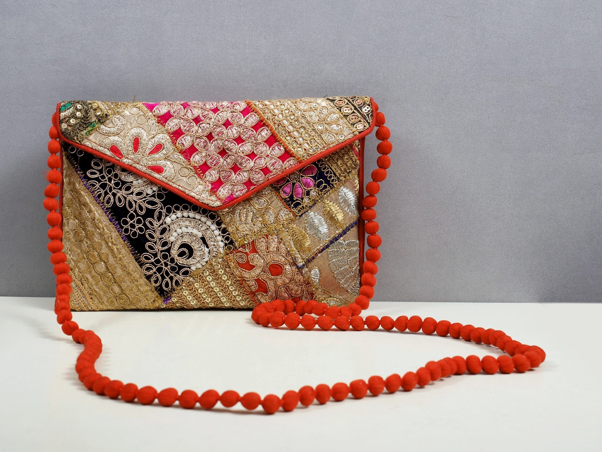 Traditional Gujarati Gamthi Bag with Leather Belt - Vibrant Kutch Handcraft