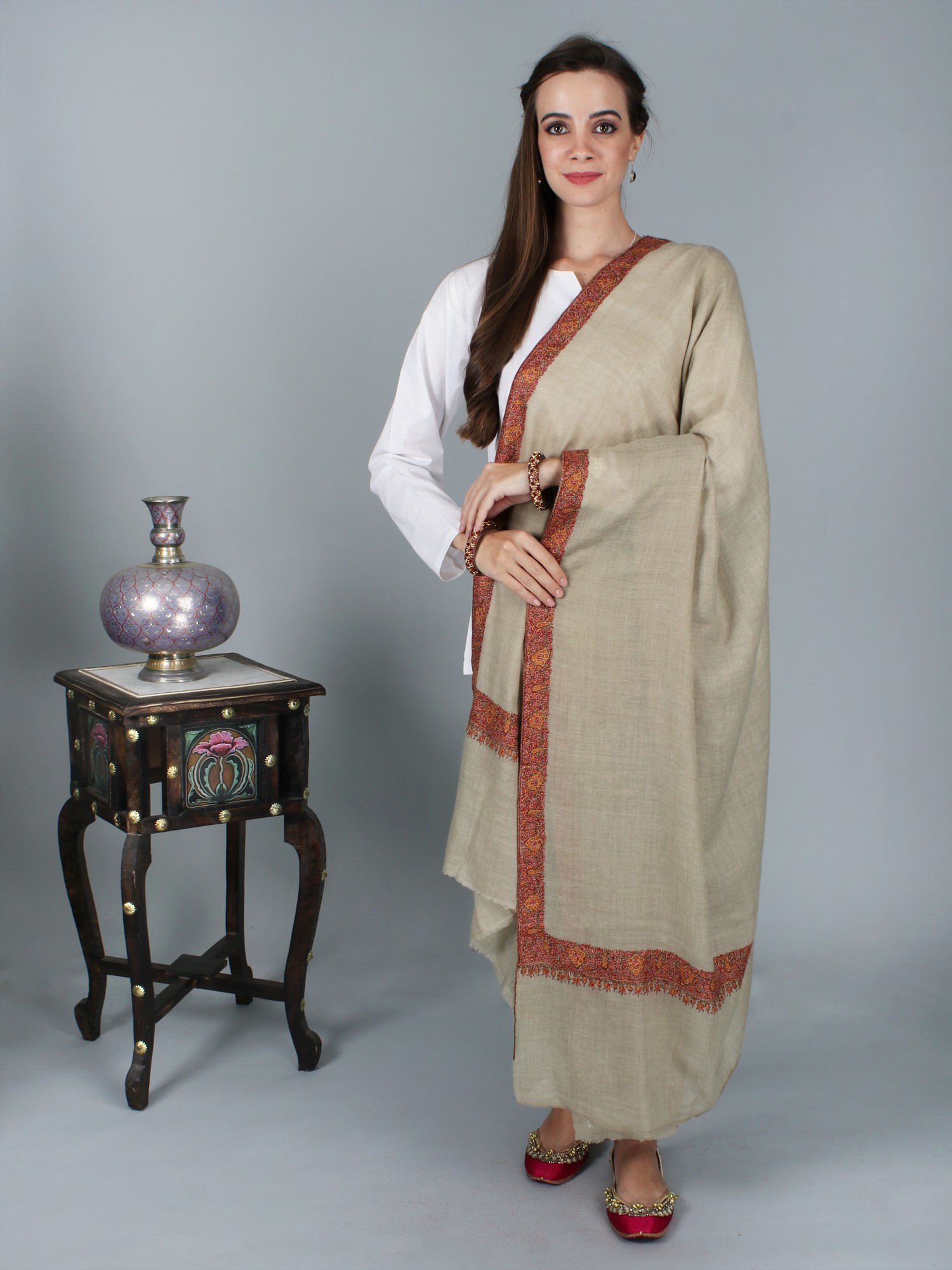 Peyote Pure-Pashmina Shawl From Srinagar with Sozni Embroidery on Border By  Hand