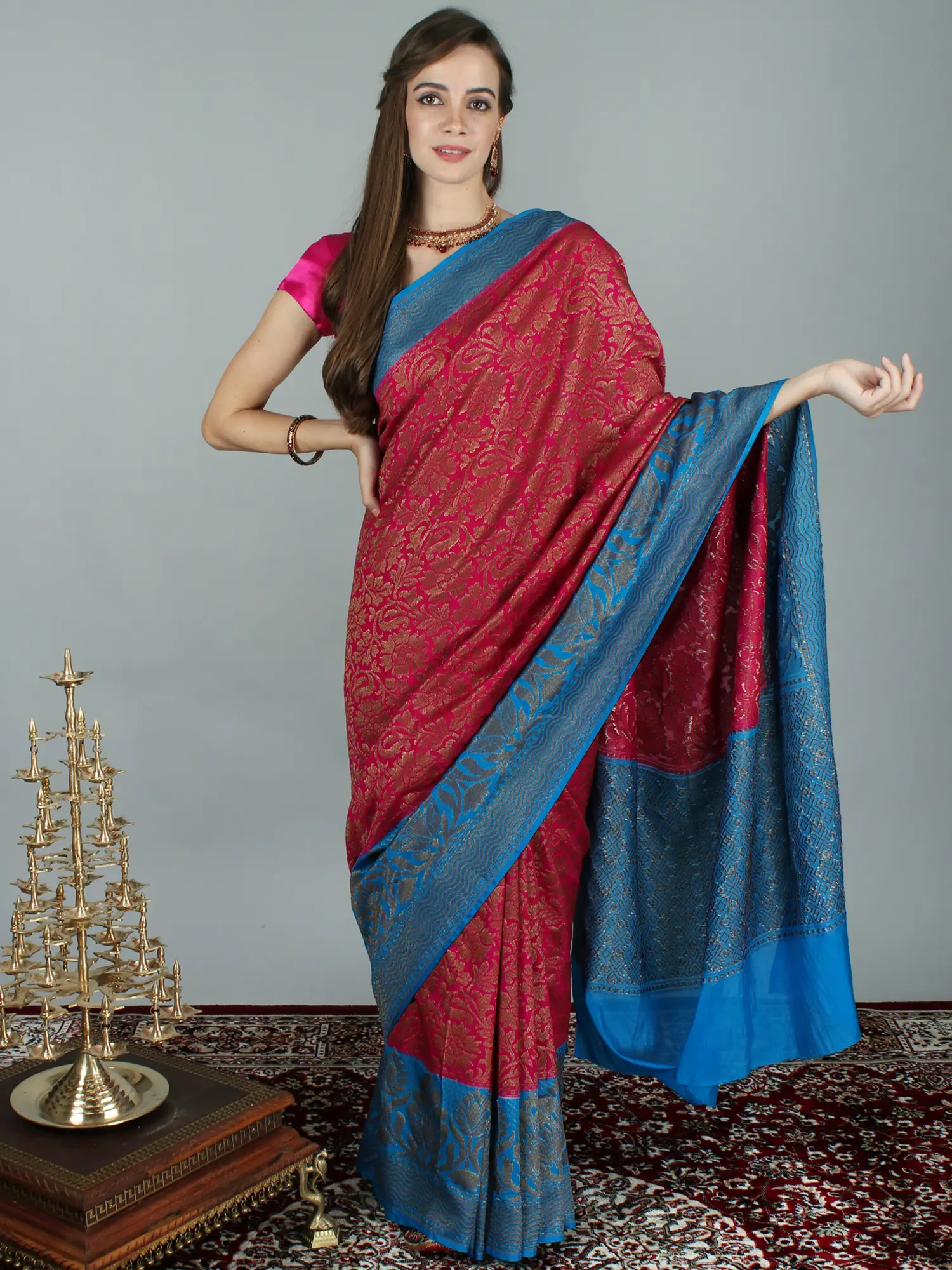 Fuchsia-Purple Art Silk Saree with Rich All Over Woven Golden Bootis from Chennai