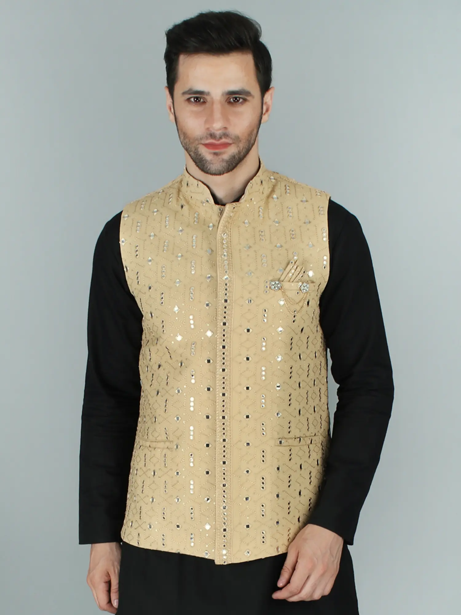 Ethnic Nehru Jacket Waist Coat with Thread-Sequin and Mirror Work Embroidery