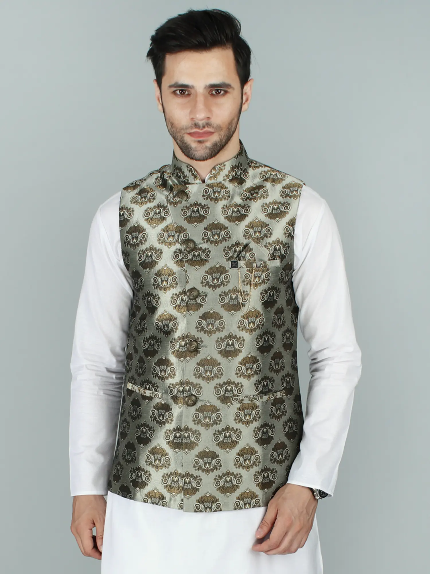 Asymmetric Gold Brocade Modi Jacket Waist Coat with Royal Crest Motif