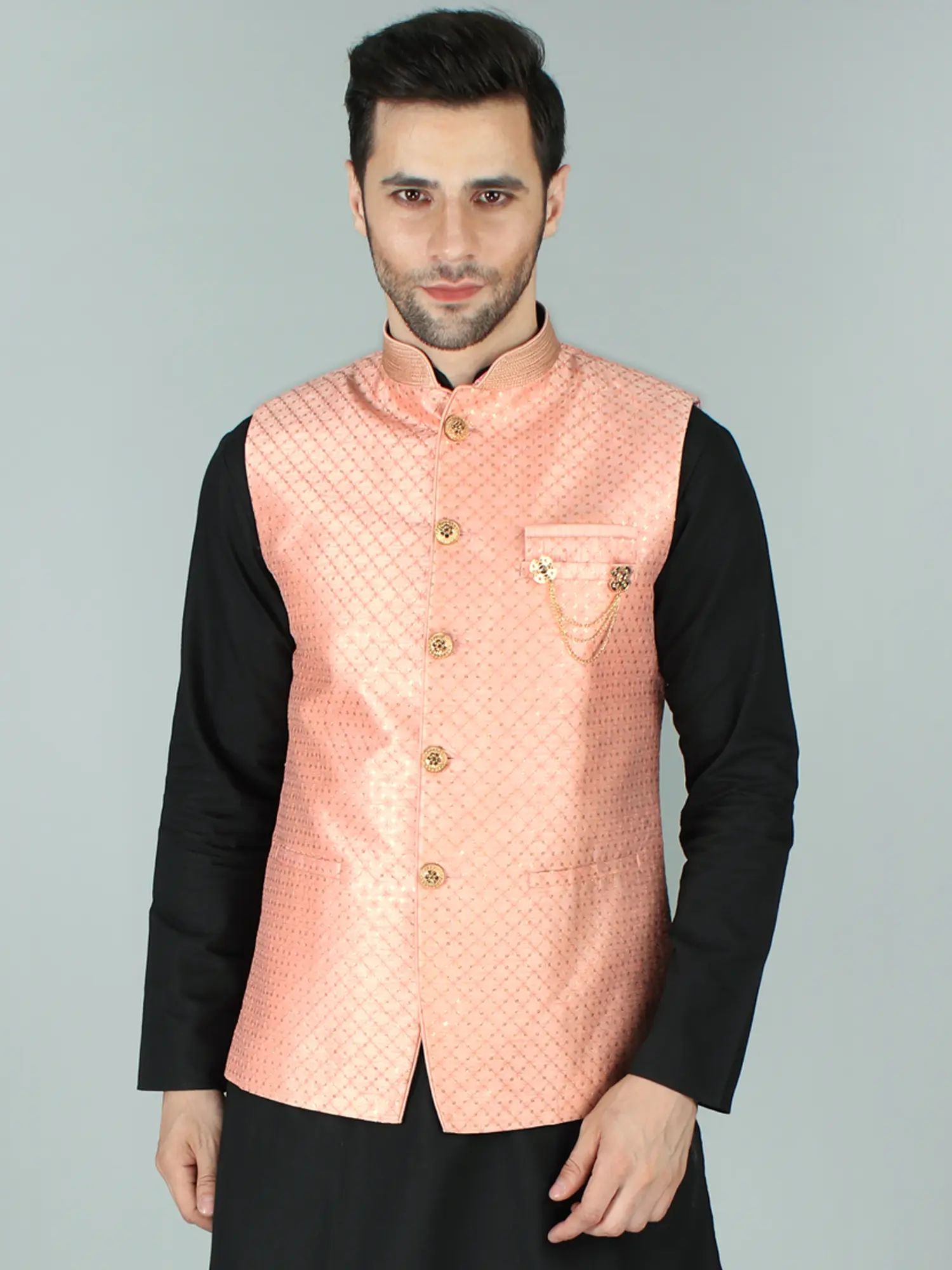 Nehru Jacket Waist Coat with Gold Sequins and Thread Lucknowi Embroidery