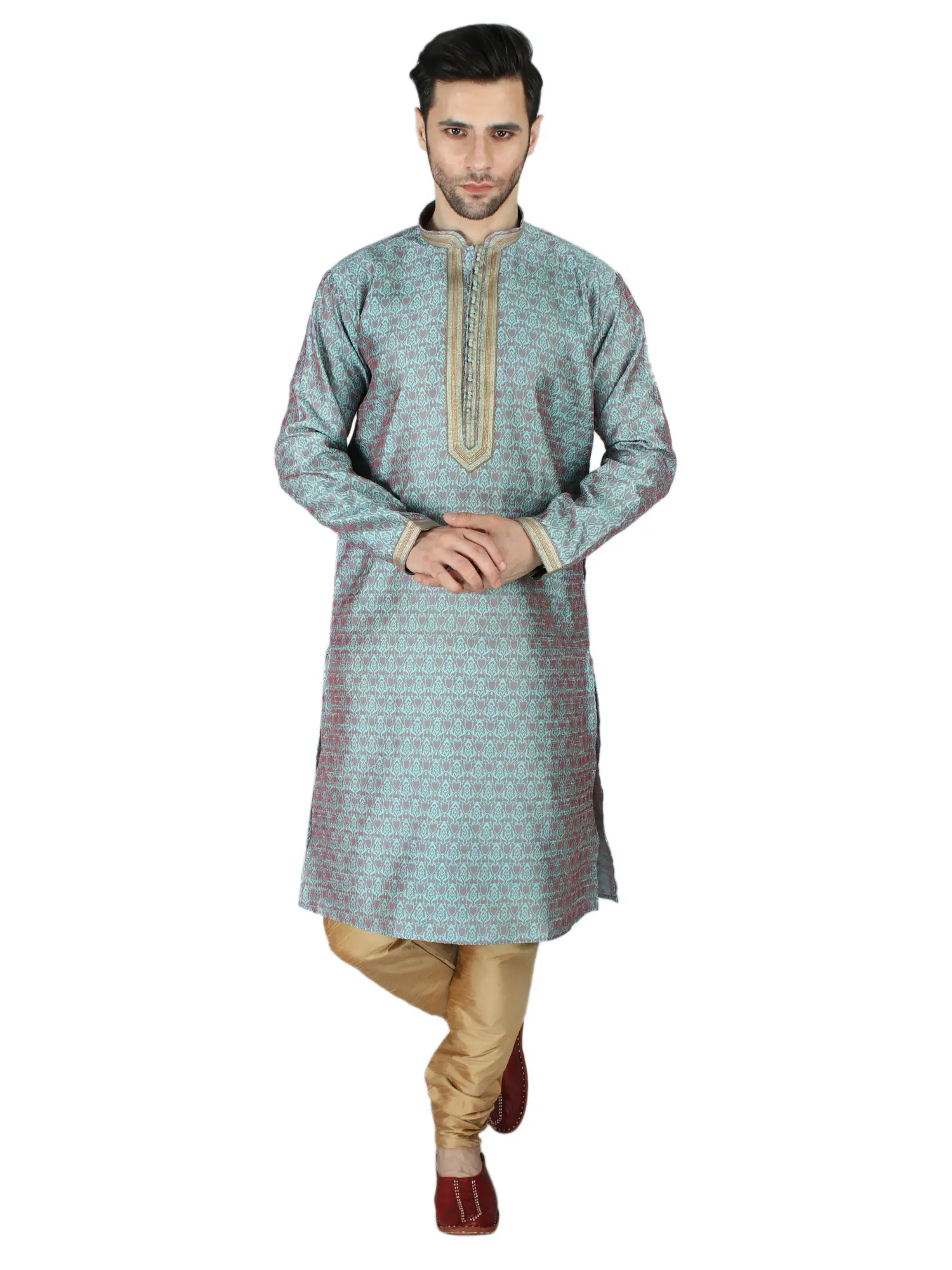 Jacquard Kurta Pajama Set with Zari Ornamentation on Placket