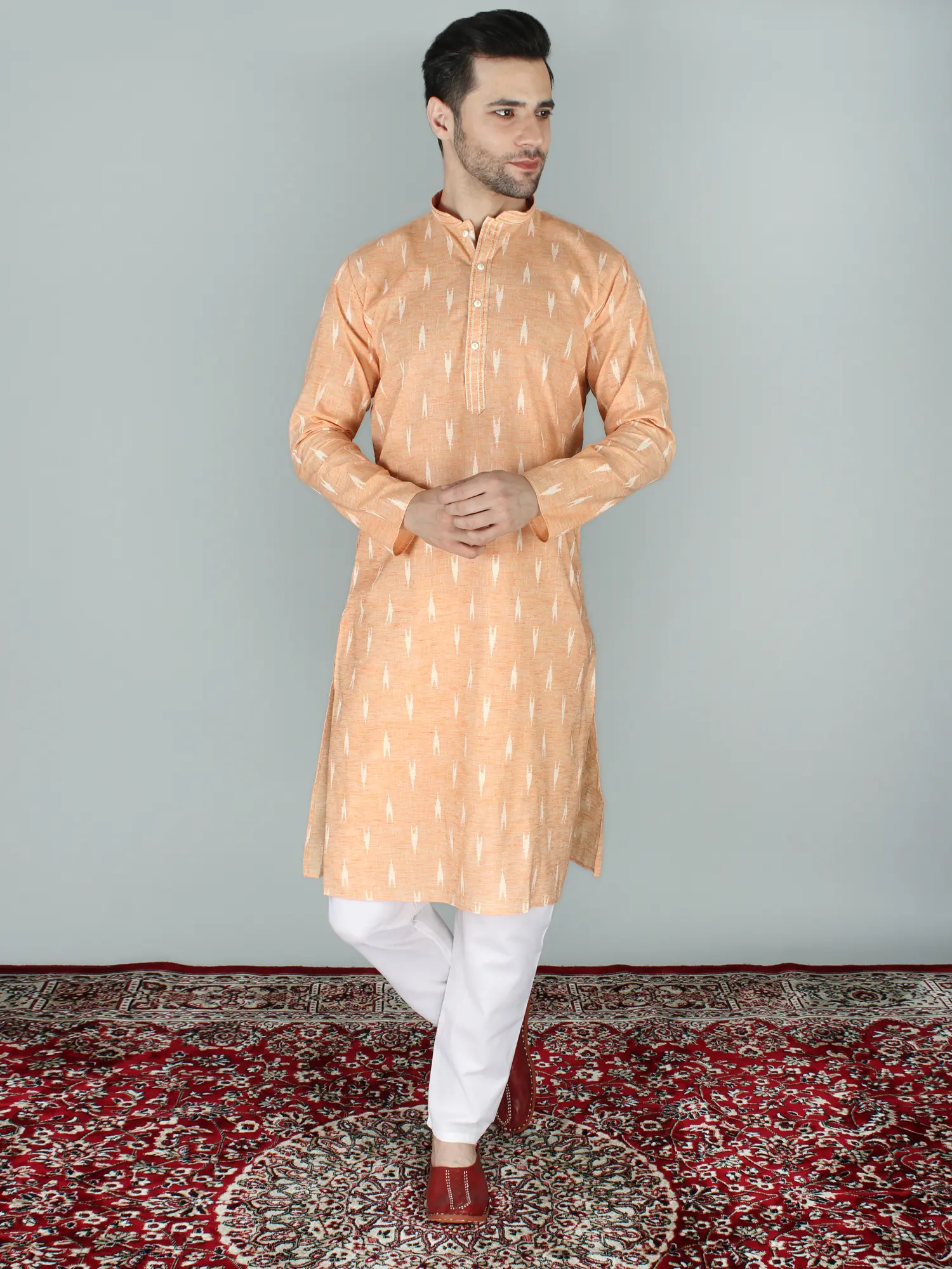 Caramel-Cream Ikat Cotton Kurta Pajama Set