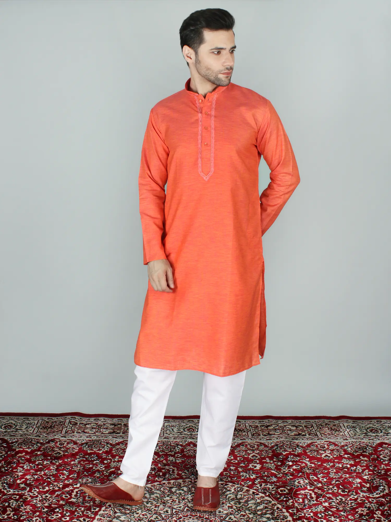 Flame Embroidered Cotton Kurta Pajama Set