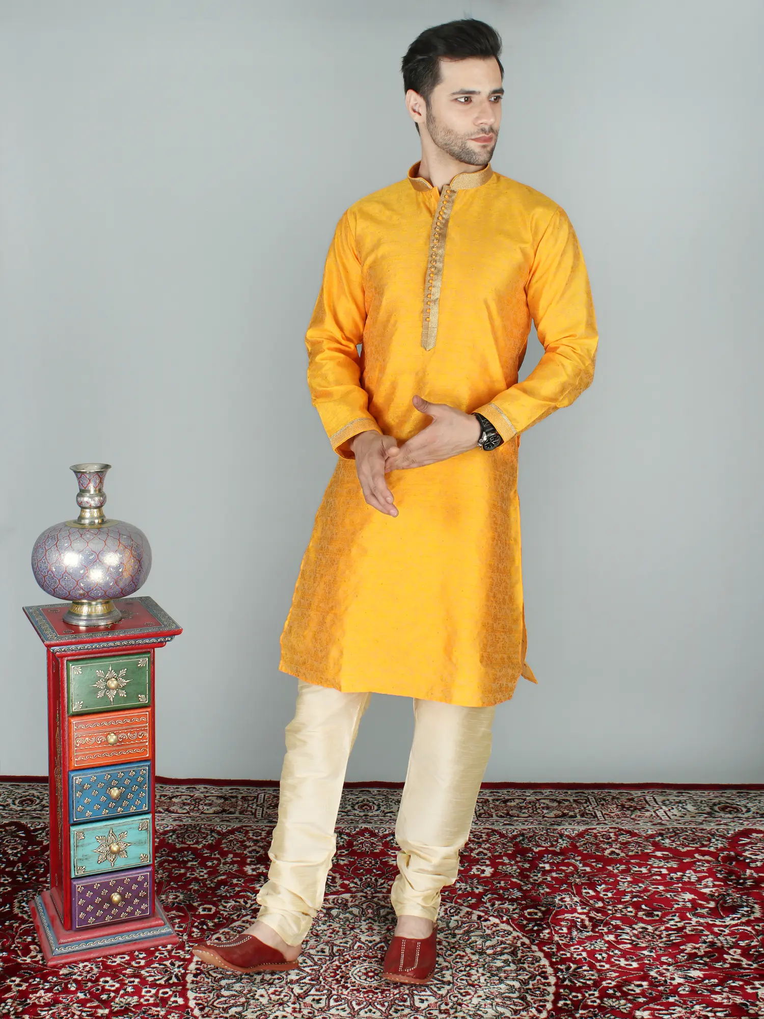 Jacquard Modish Ethnic Kurta Pajama Set with Zari Ornamentation at Collar-Placket and Rhinestone Buttons