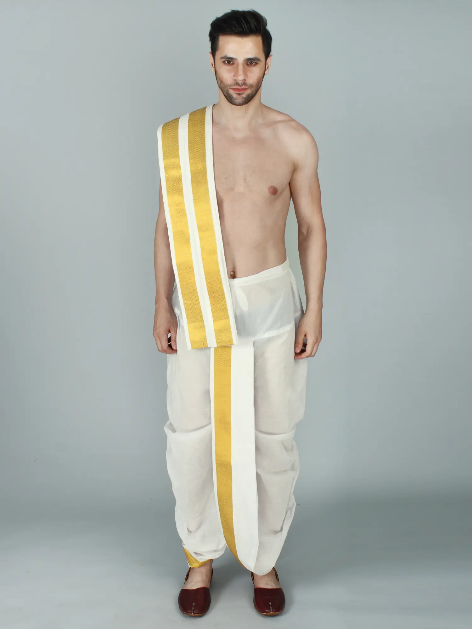 Snow-White Cotton Dhoti and Veshti Ready To Wear Set with Rich Broad Zari Woven Border