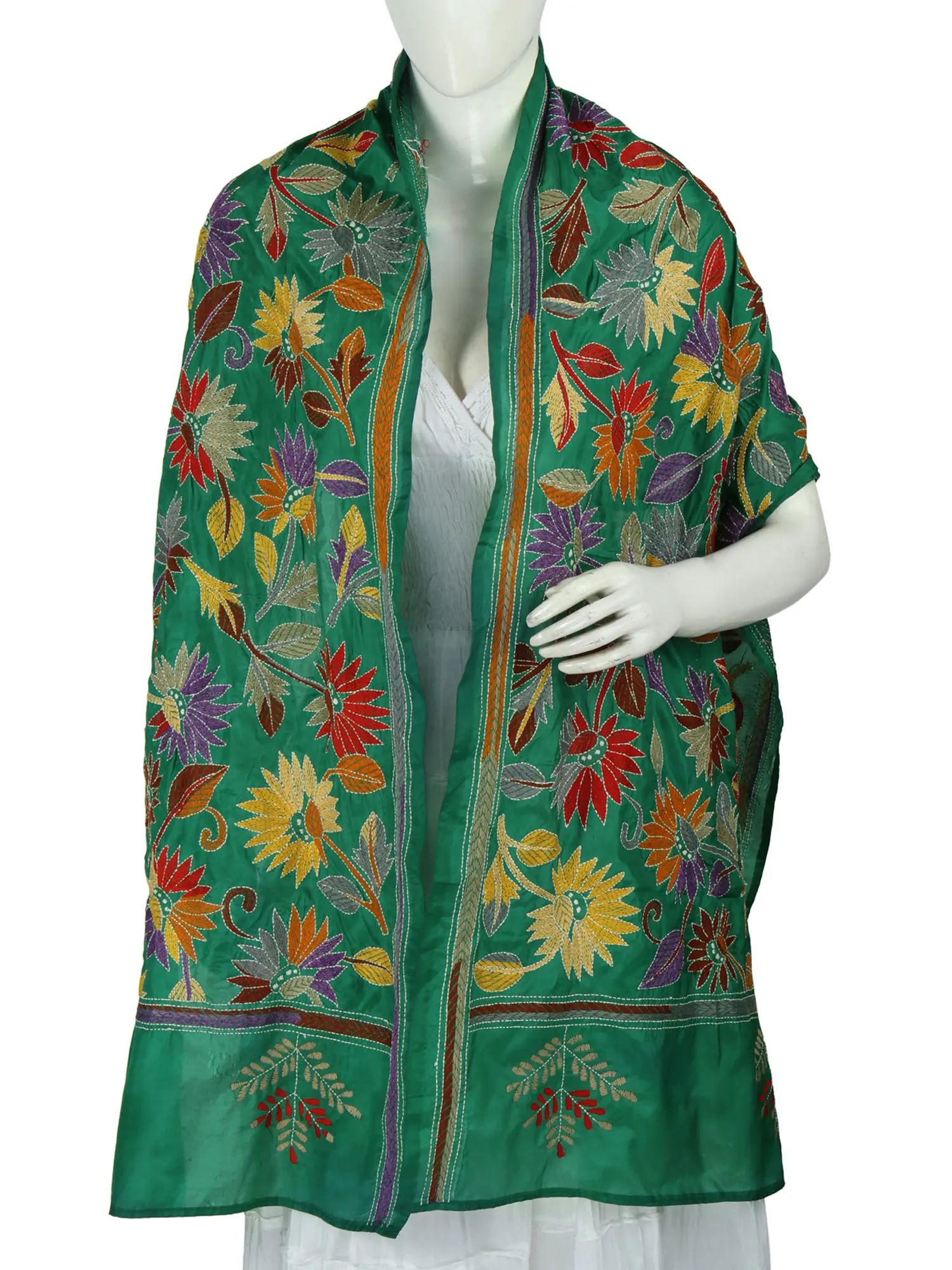 Kantha Stole With Multicolor Floral Embroidery From Bengal