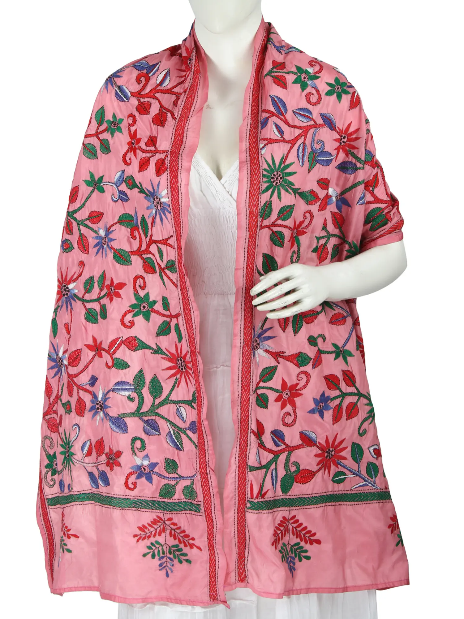Kantha Stole With Multicolor Floral Embroidery From Bengal