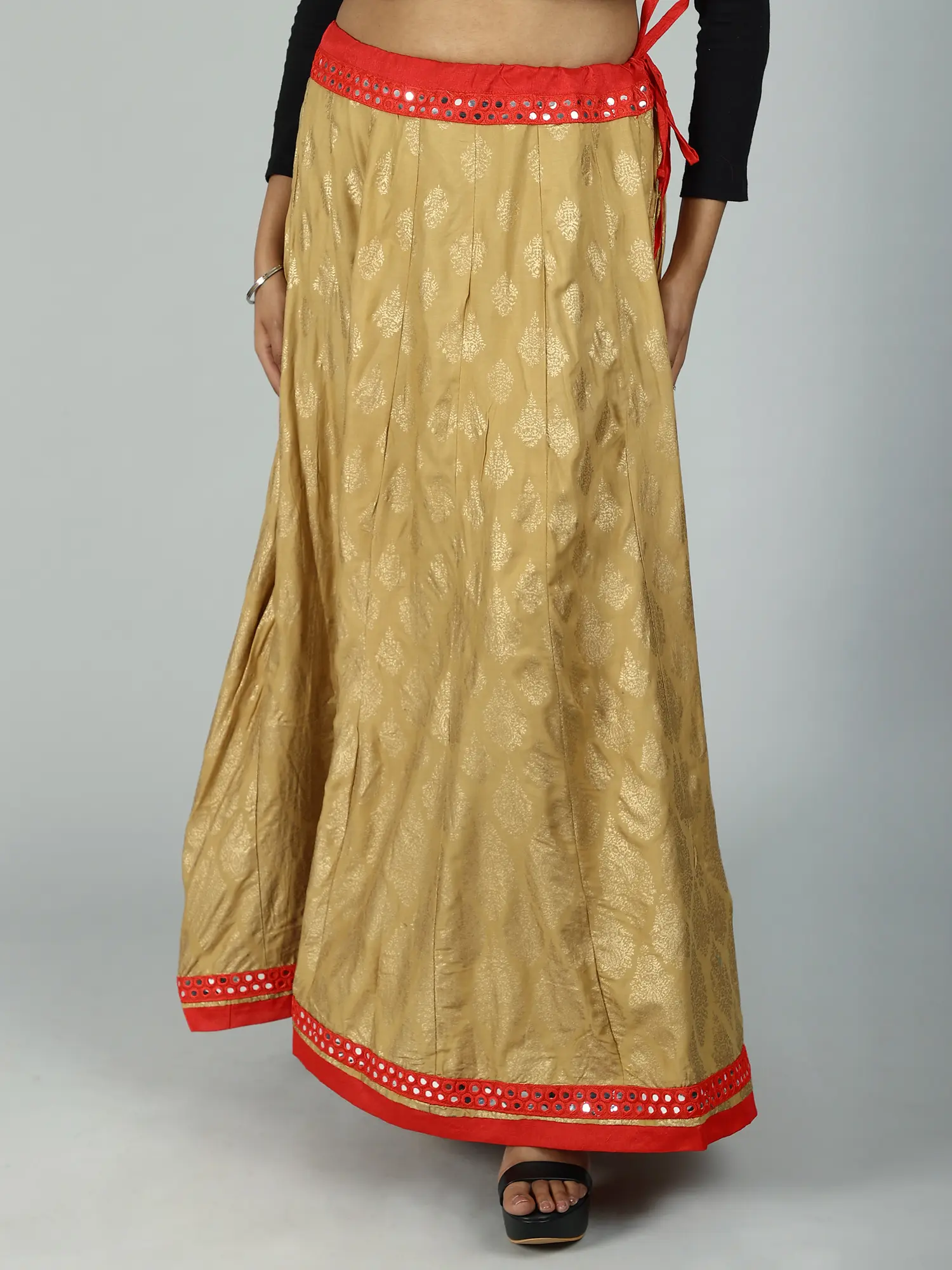 Golden Floral Printed All-Over Pattern and Mirror Work Embroidered Patch Border Ethnic Skirt from Gujarat