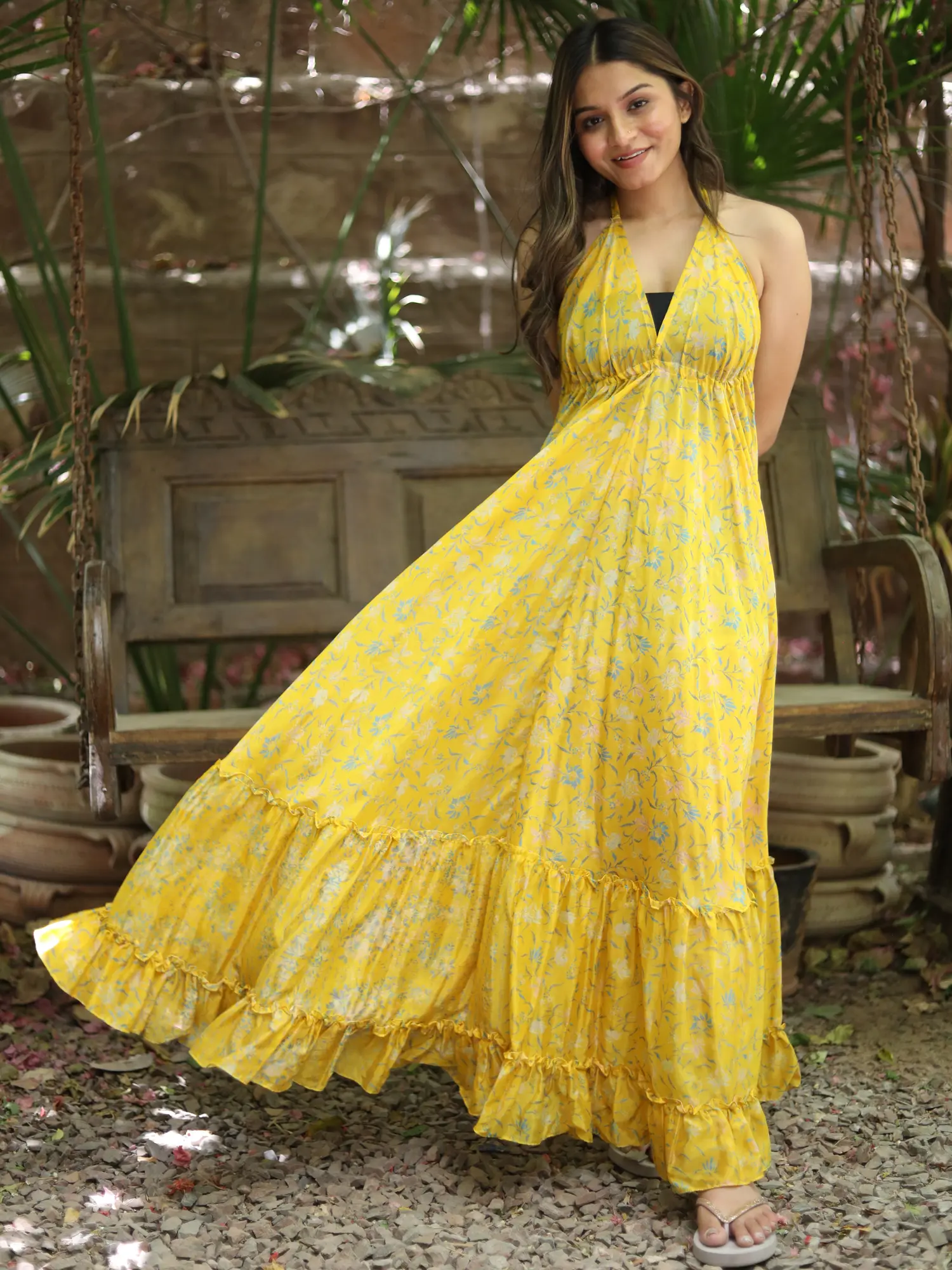 sunflower halter dress Maya Maxi \\ Sunflower Silk Dress– CRUZ&PEPITA main image 1