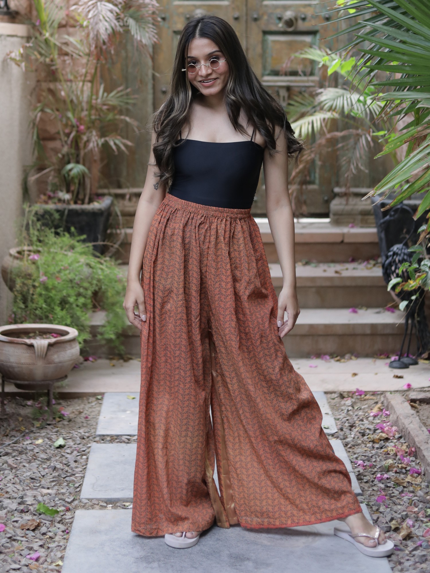 Golden plain silk blend palazzo pants  ETHNICALLY YOURS  3201543