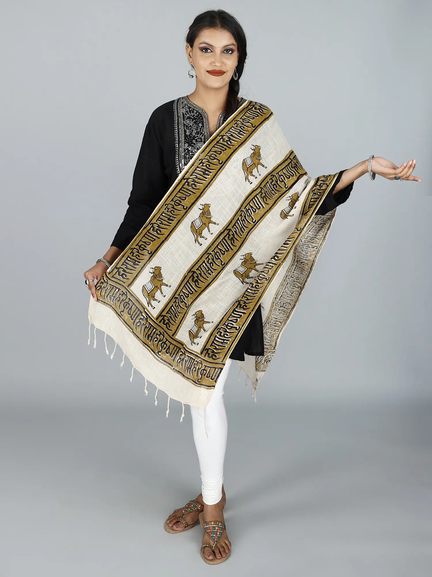 Khadi Prayer Stole with Cow and Hare Ram Hare Krishna Print Pattern from ISKCON Vrindavan by BLISS