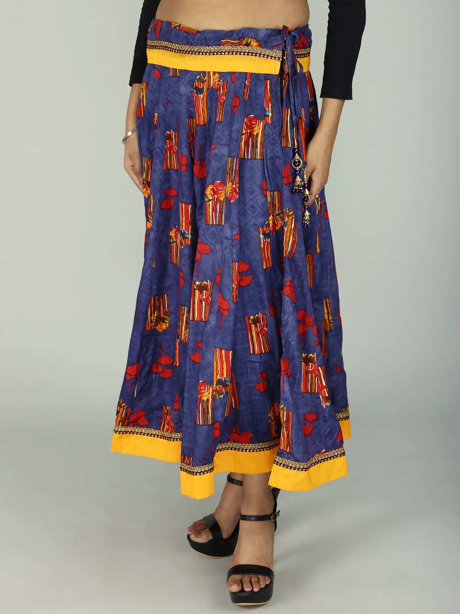 Long Skirt with Digital Printed Flower and Contrast Patch Border from ISKCON Vrindavan by BLISS