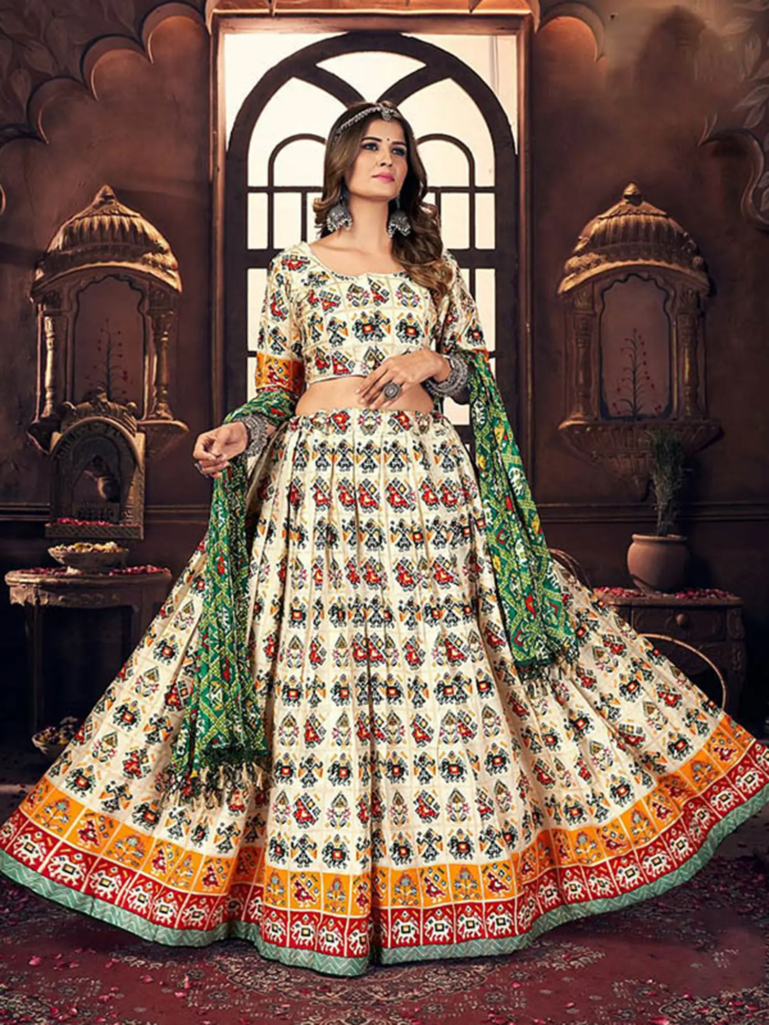 Cream Cotton Multicolor Satin Digital Print Navratri Lehenga Choli With Side Chain - Dori And Green Muslin Dupatta