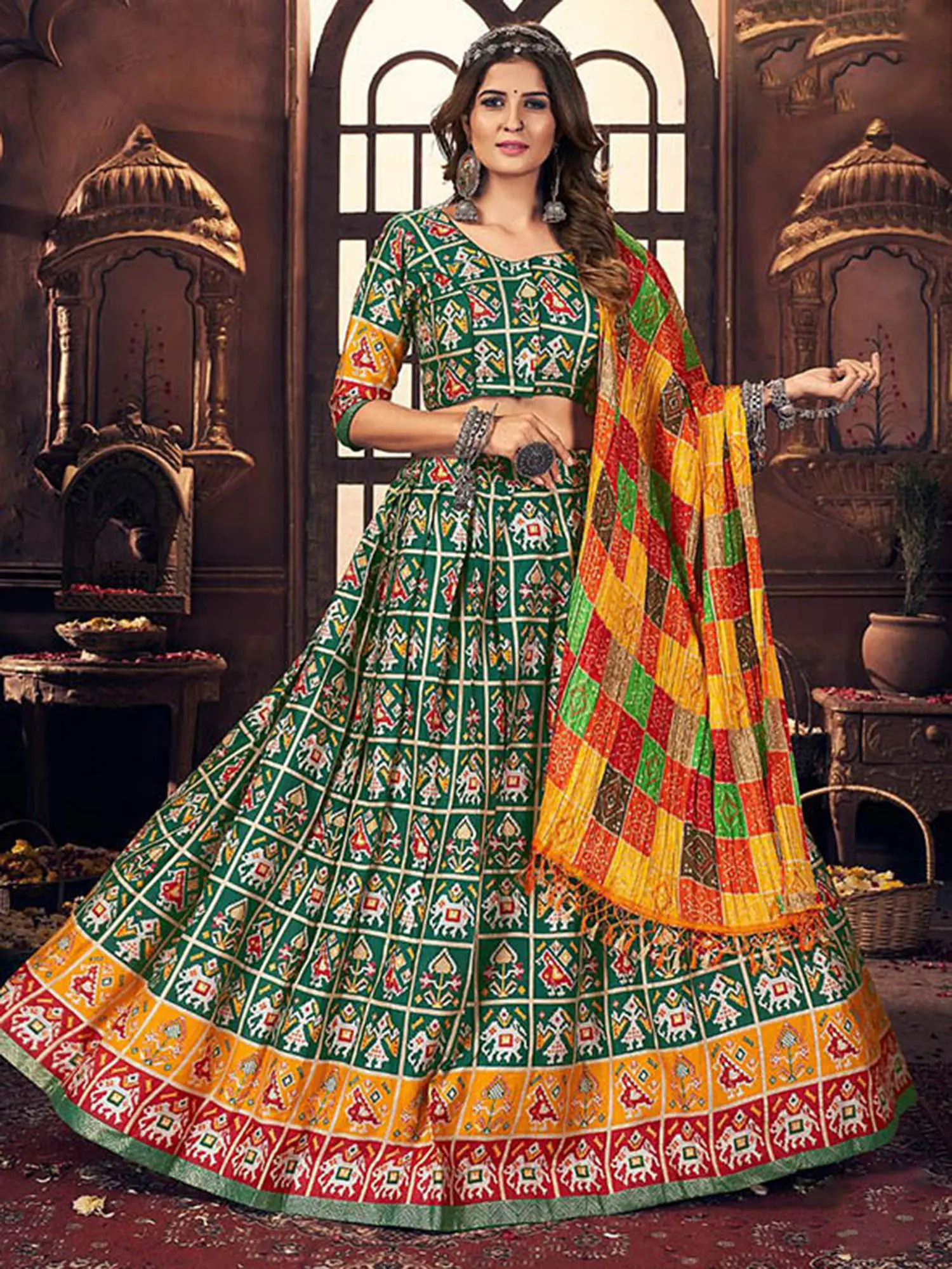 Botanical-Garden Cotton Multicolor Satin Digital Print Navratri Lehenga Choli With Side Chain - Dori And Muslin Dupatta