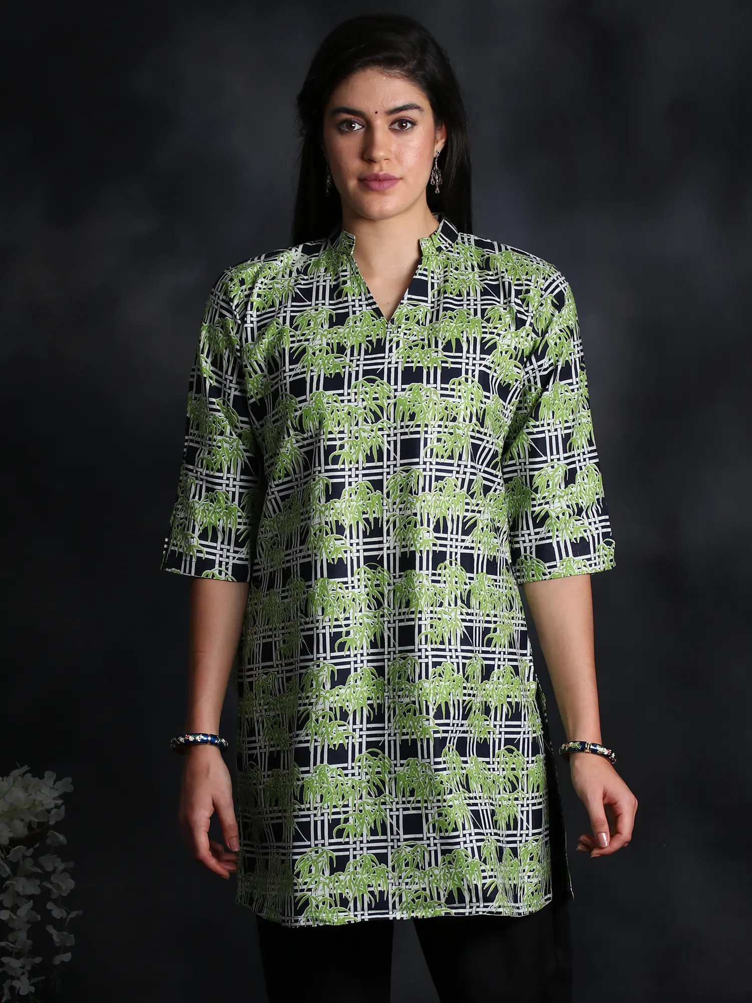 Caviar-Black Bamboo Leaf Digital Print Cotton Kurti with Quarter Sleeve
