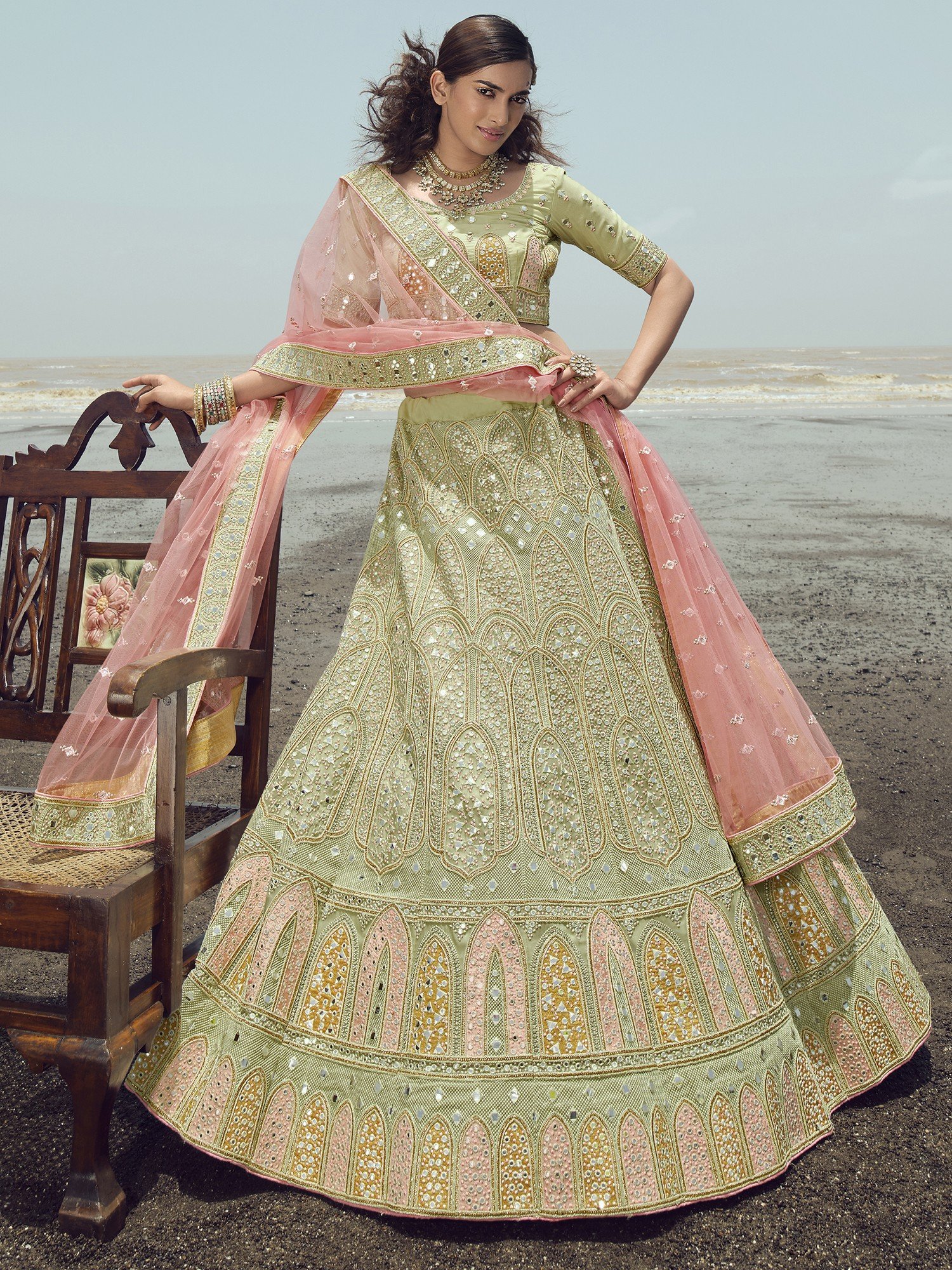 Buy Pista Green Net Wedding Wear Zarkan Work Lehenga Choli Online
