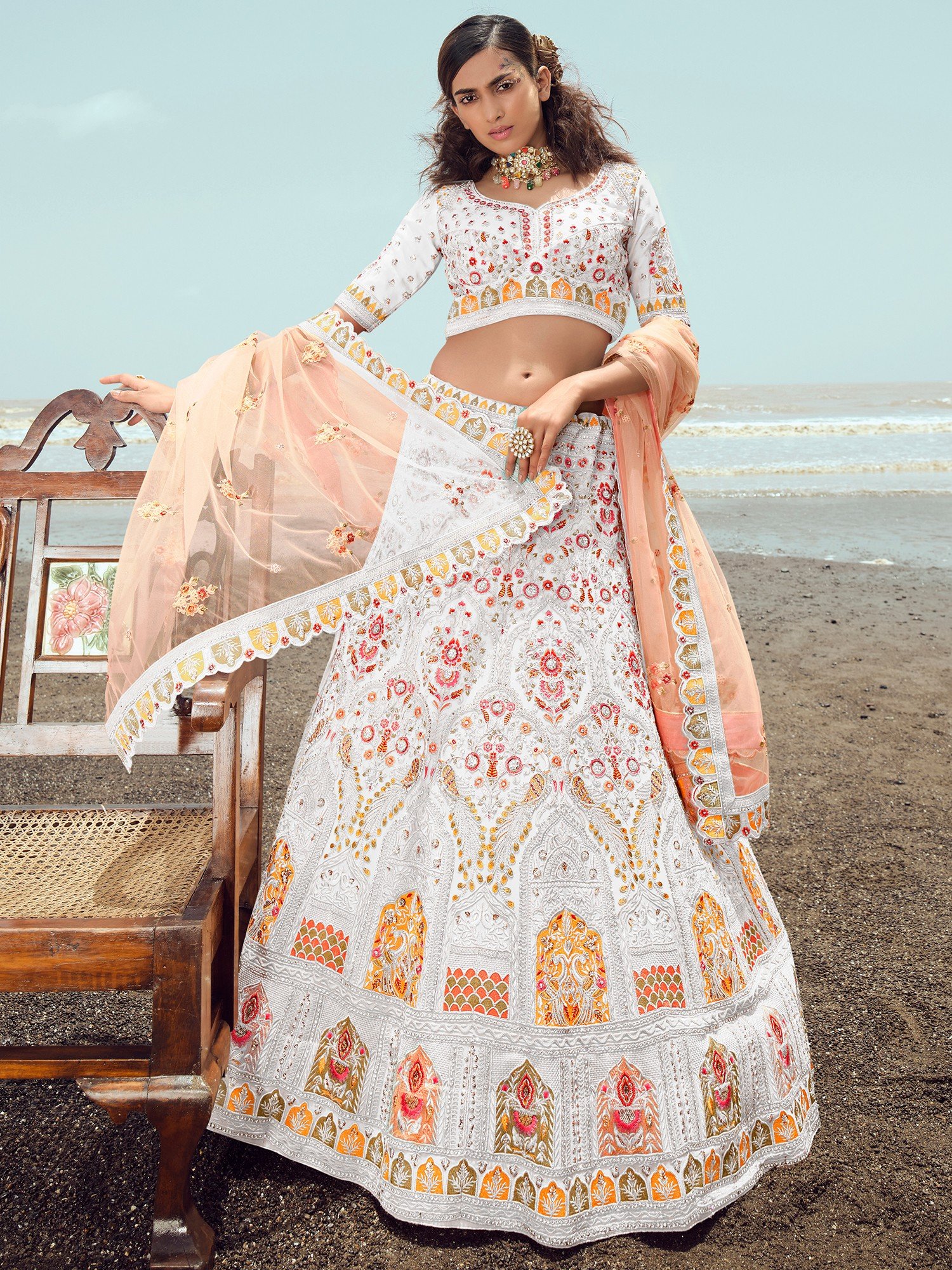 White Net Embellished Semi stitched Lehenga With Unstitched