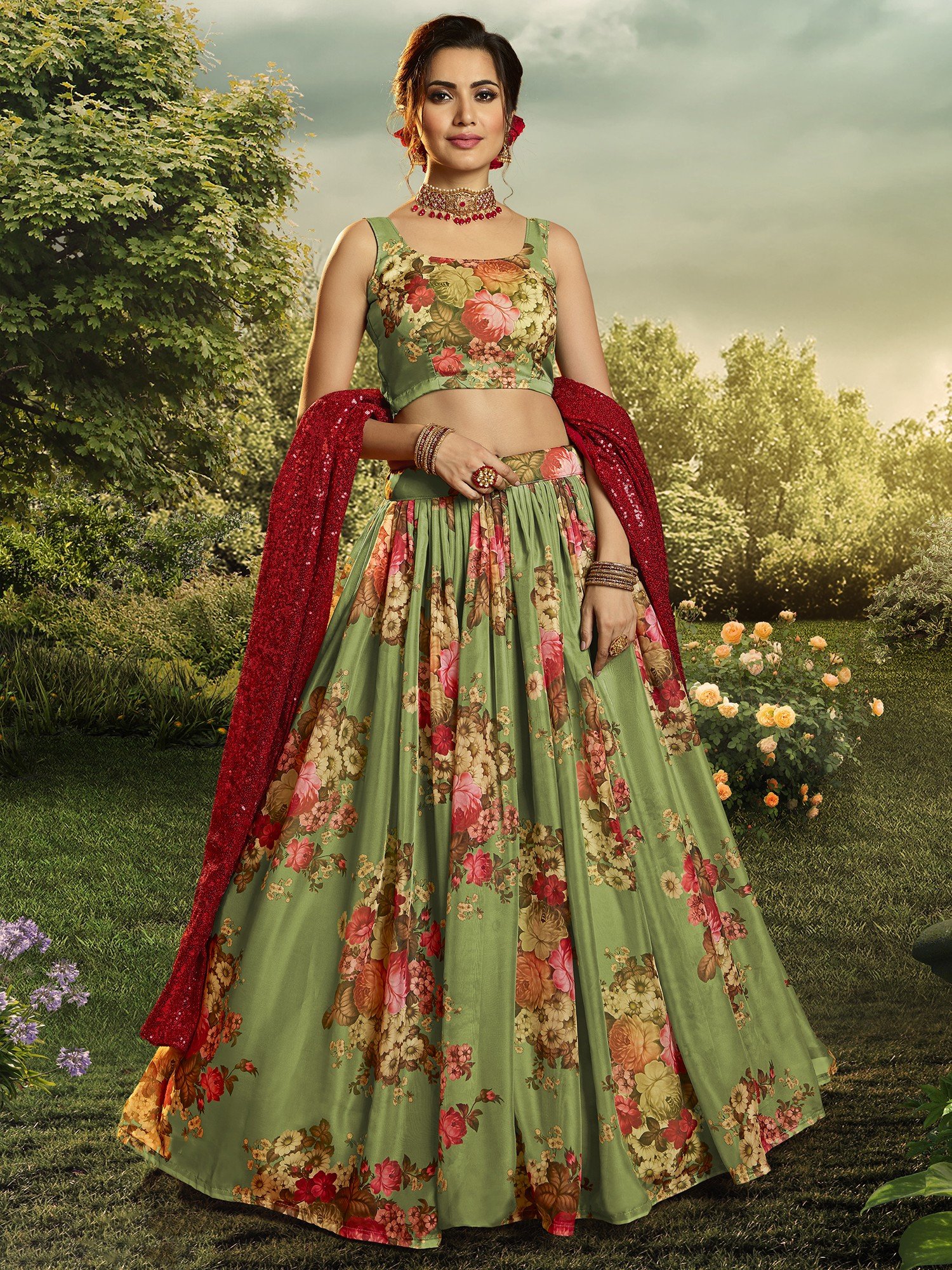 Buy Red Raw Silk Lehenga Set with a Sea Green Dupatta by NIDHI THOLIA at  Ogaan Online Shopping Site