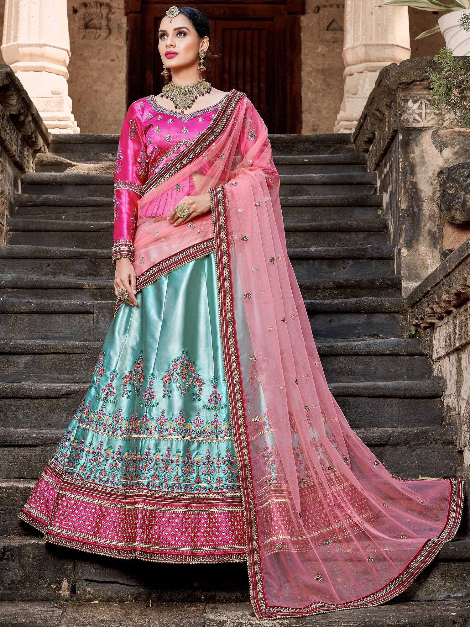 Buy Rani Pink Gotapatti Raw Silk Semi Stitched Lehenga - Koskii