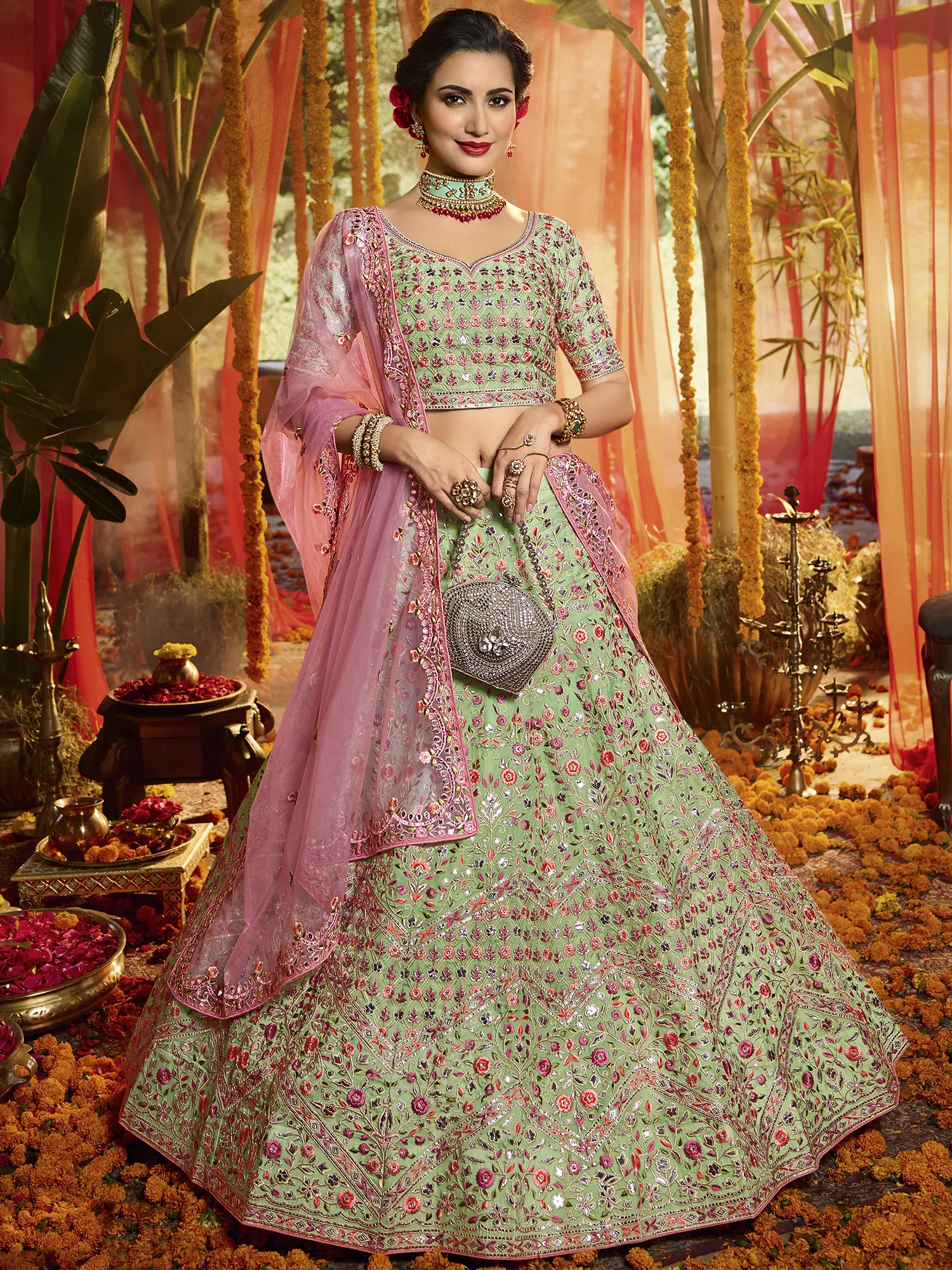 green emerald velvet dress Chiara Dewdrop Necklace in Blush Pink and Mint Green main image 0