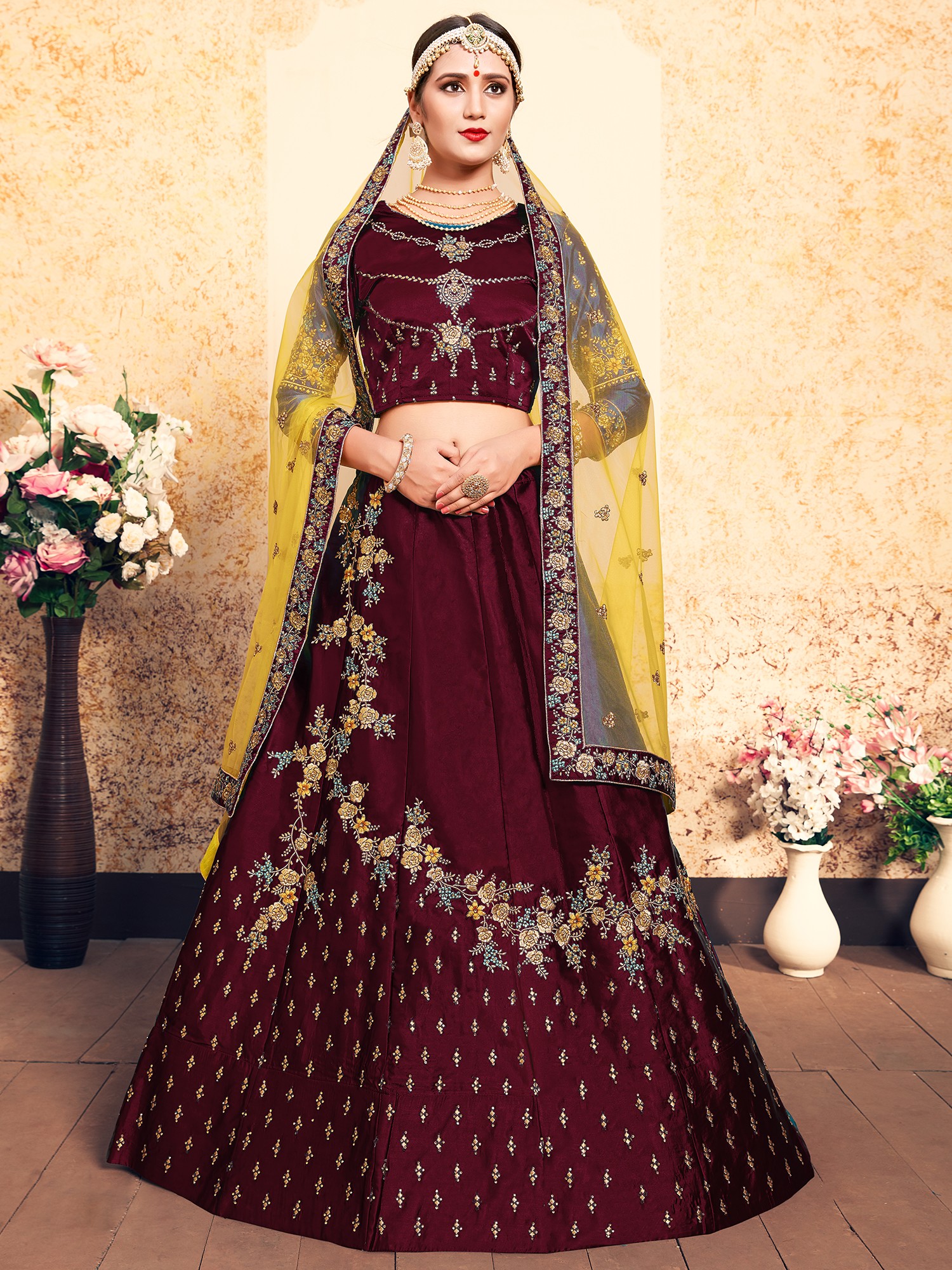 Buy Women Maroon Floral Print Tiered Lehenga Set With Blouse And Contrast  Dupatta - Feed Luxe Lehenga - Indya
