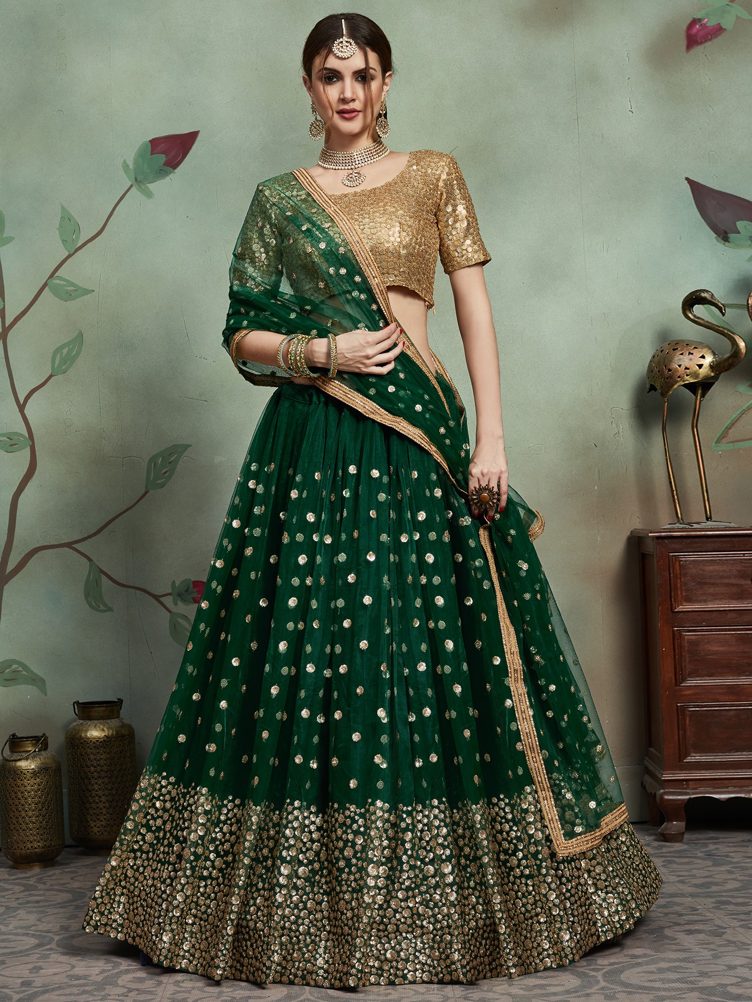 Net Lehenga with Embellished Sequins Work with Golden Shimmer